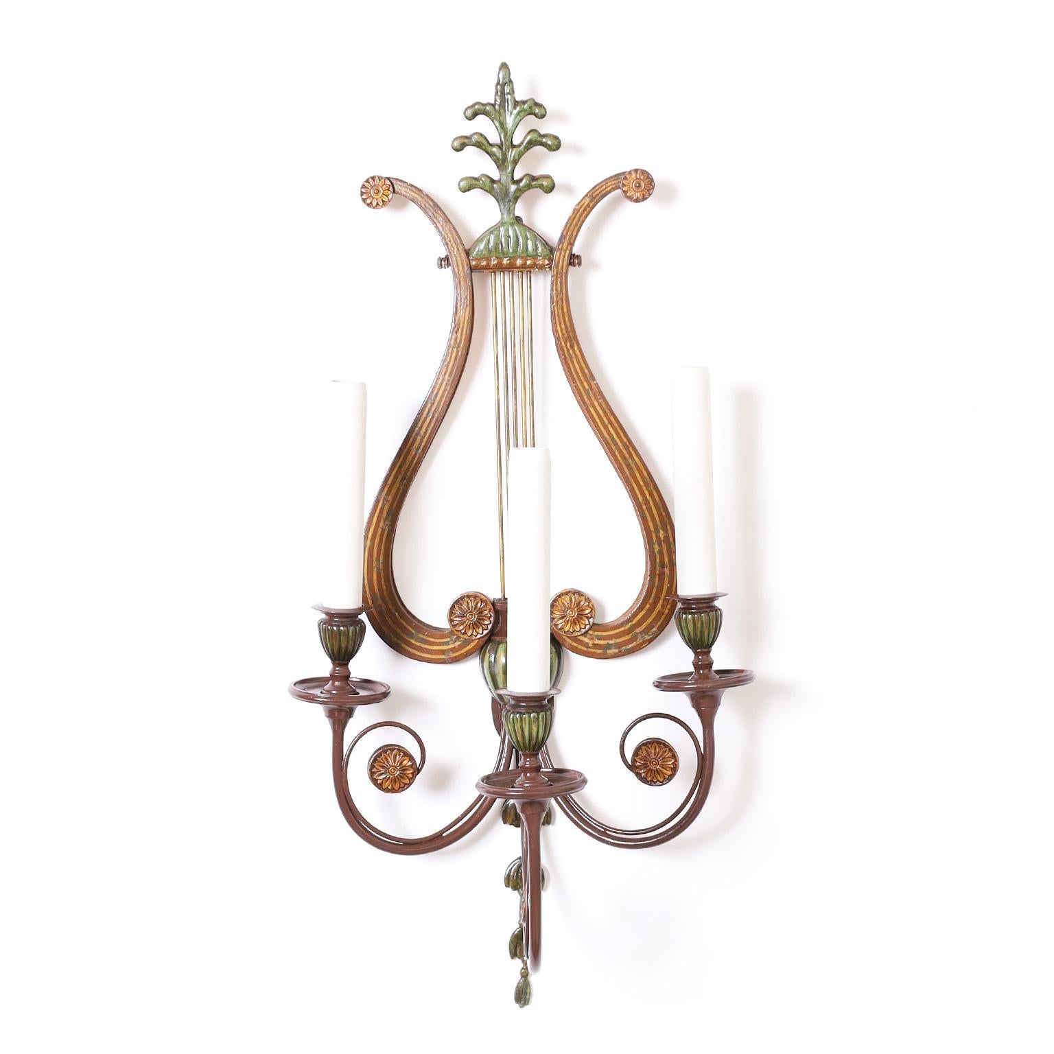 Hand-Crafted Lyre Form Adam Style Tole Wall Sconces For Sale