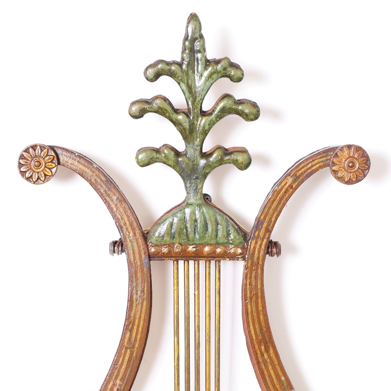Lyre Form Adam Style Tole Wall Sconces In Good Condition For Sale In Palm Beach, FL