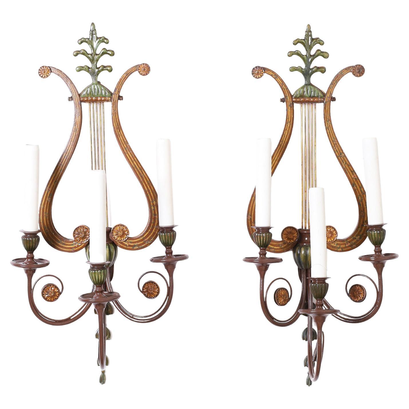 Lyre Form Adam Style Tole Wall Sconces For Sale