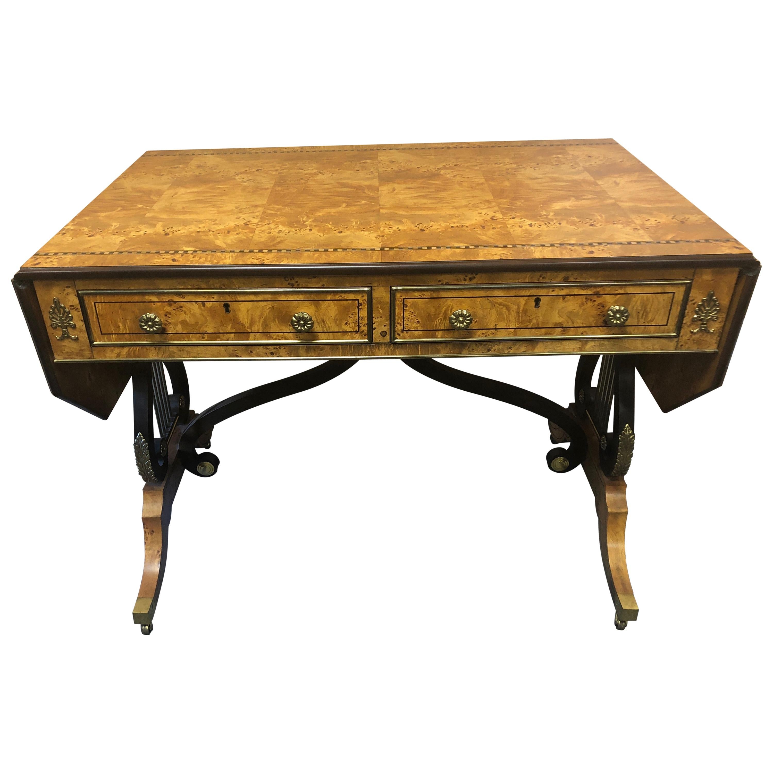 Baker Furniture Lyre Motife Birdseye Maple Drop-Leaf Writing Desk For Sale