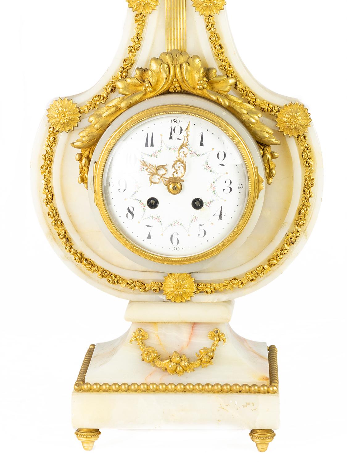 Gilt Lyre Pendulum Clock White Marble Louis XVI, 19th Century For Sale