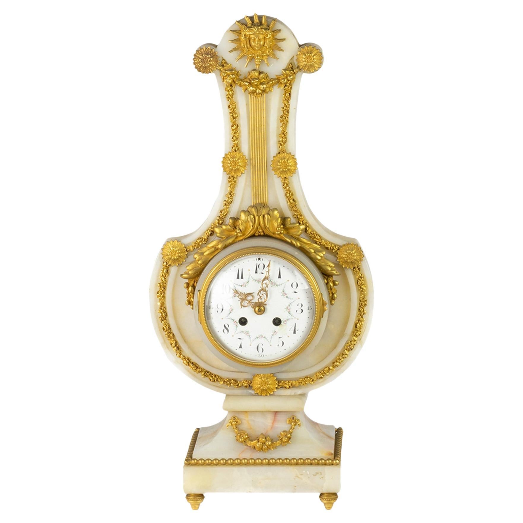Lyre Pendulum Clock White Marble Louis XVI, 19th Century