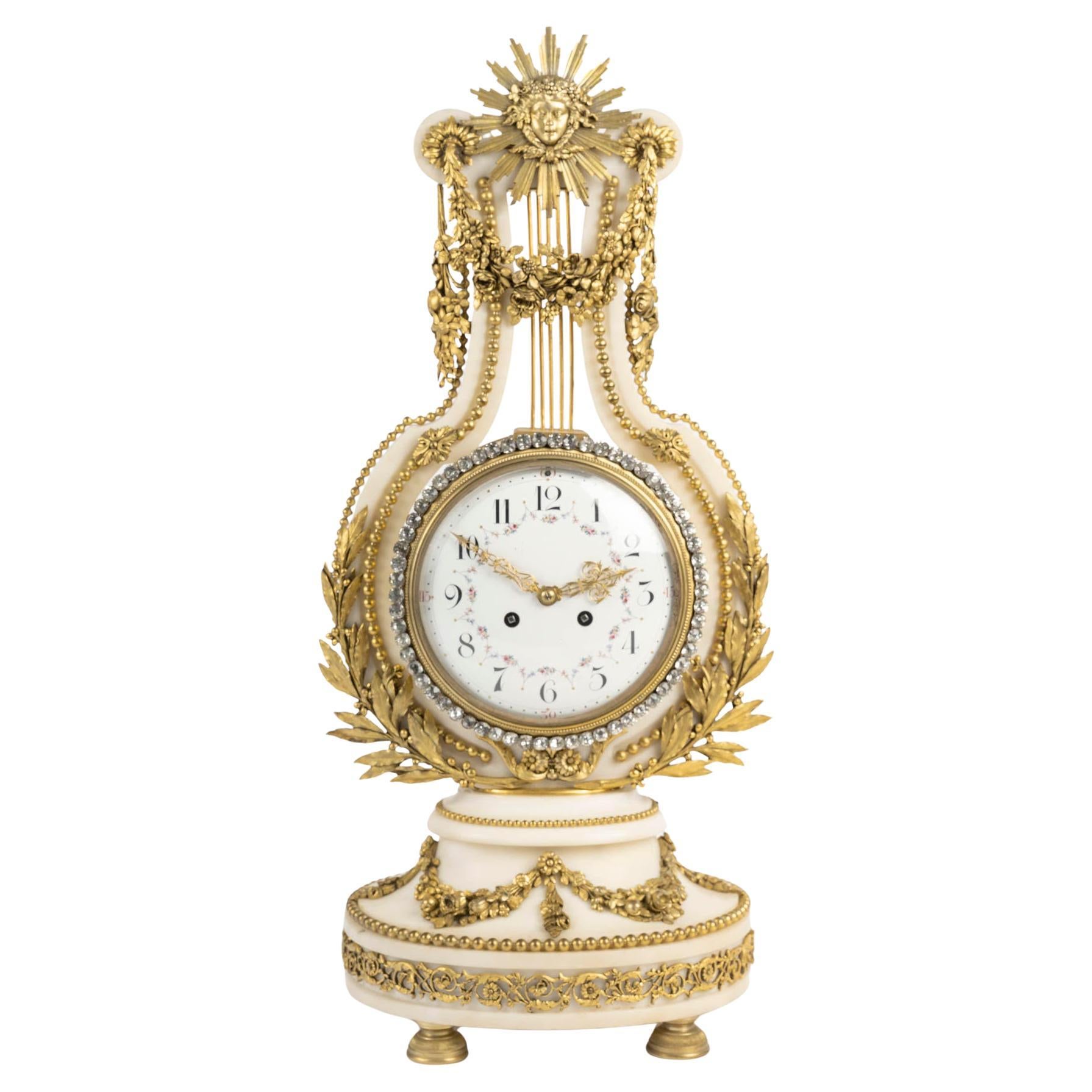 Lyre-Shaped Clock in Marble and Gilt Bronze, 19th Century, Napoleon III Period. For Sale