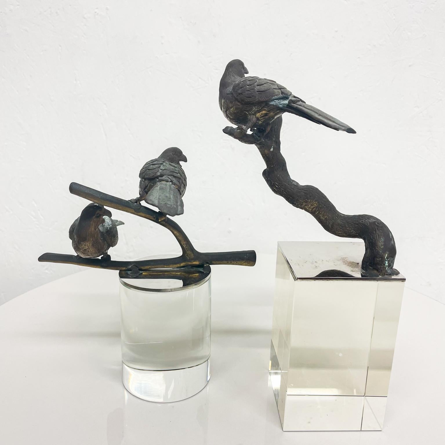 Lovely Bronze Sculpture Three Perched Birds Modern Crystal Block Pedestal 1960s 5