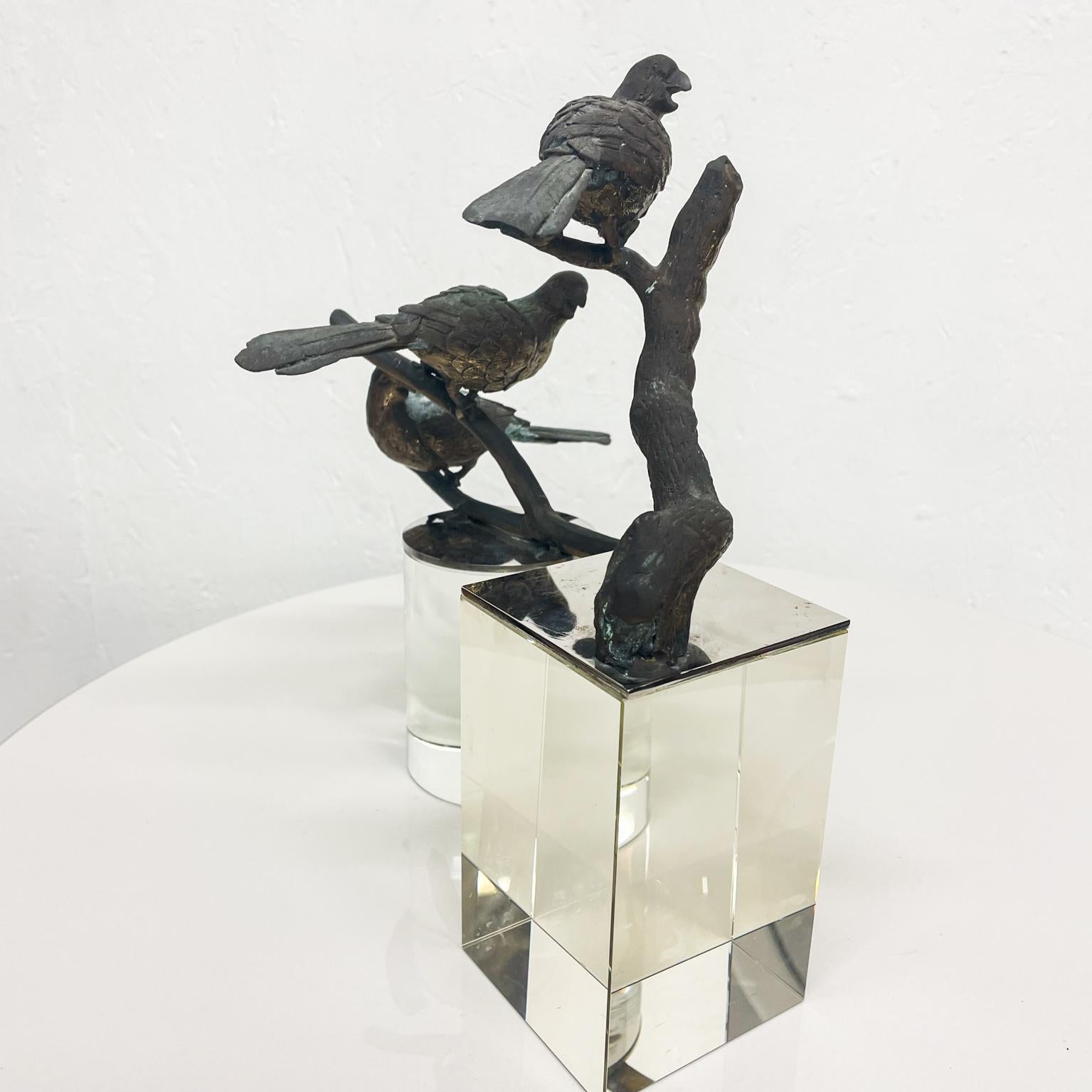 Lovely Bronze Sculpture Three Perched Birds Modern Crystal Block Pedestal 1960s 6