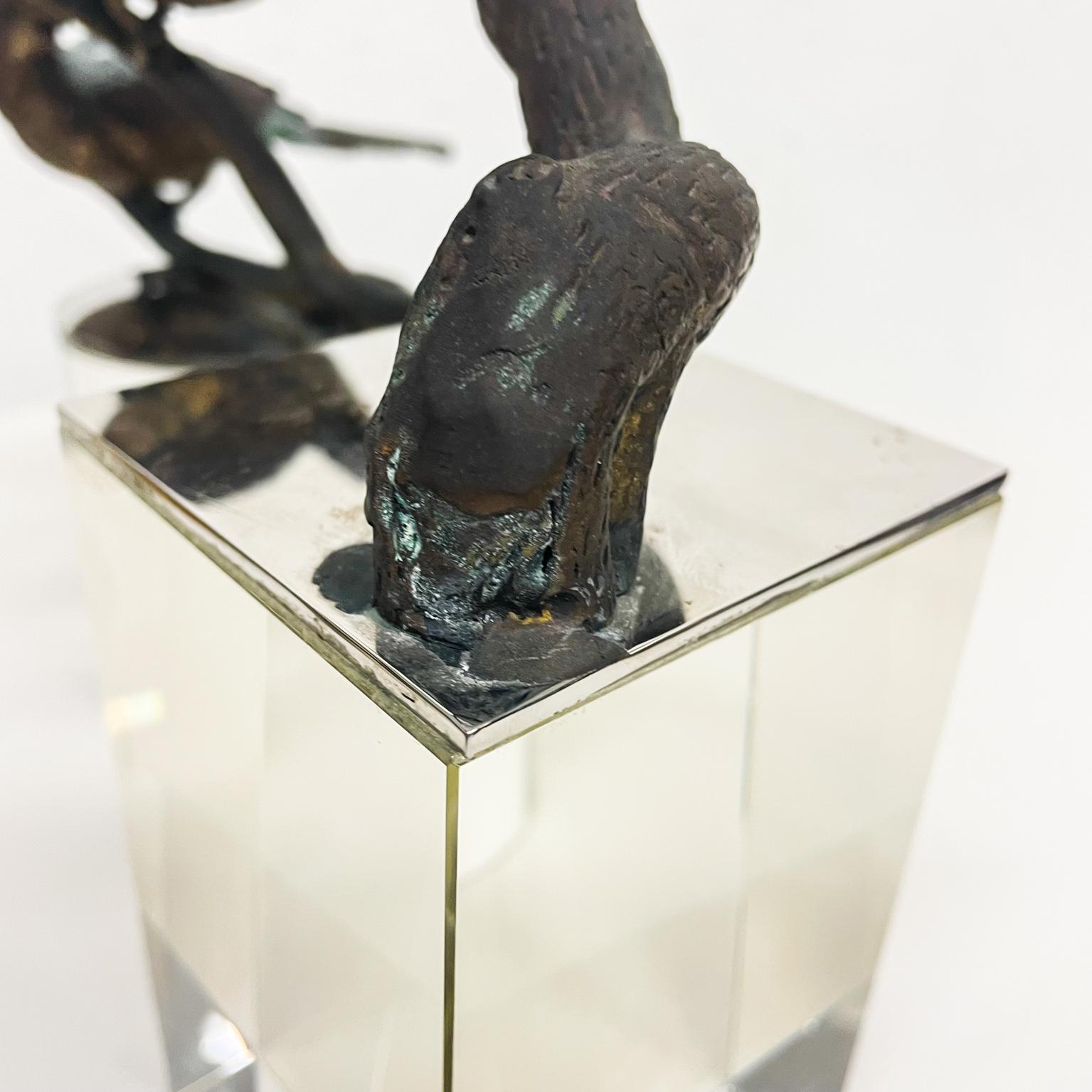 Lovely Bronze Sculpture Three Perched Birds Modern Crystal Block Pedestal 1960s 7