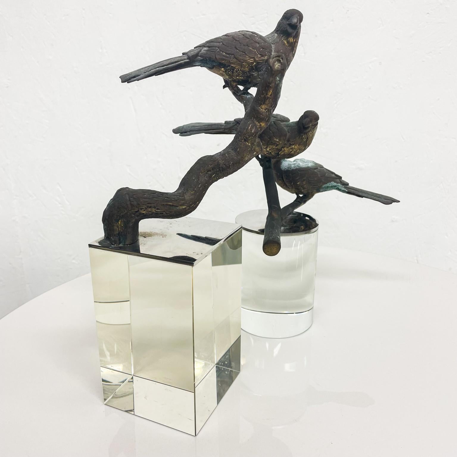 Lovely Bronze Sculpture Three Perched Birds Modern Crystal Block Pedestal 1960s 8