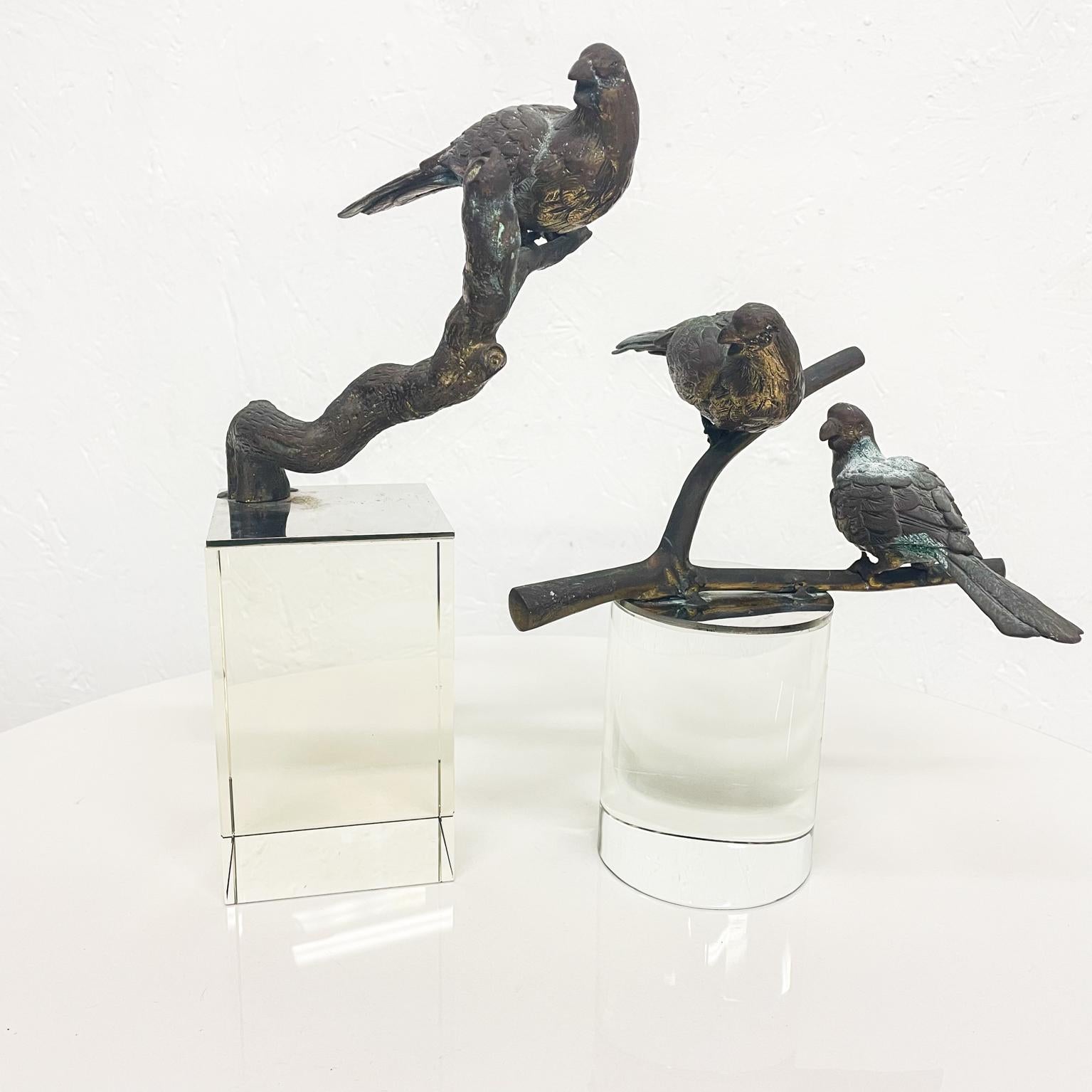 Mid-Century Modern Lovely Bronze Sculpture Three Perched Birds Modern Crystal Block Pedestal 1960s