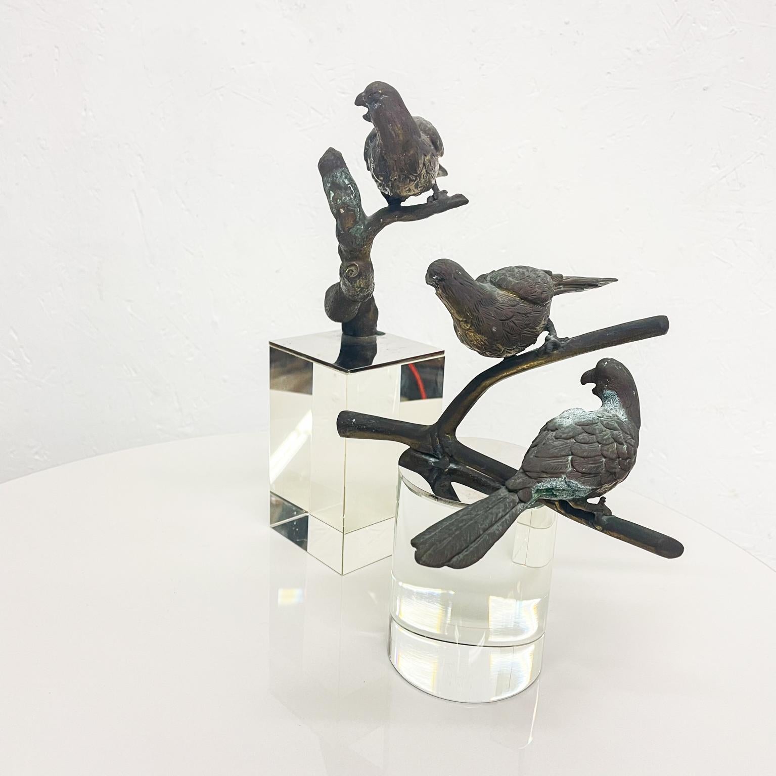 Unknown Lovely Bronze Sculpture Three Perched Birds Modern Crystal Block Pedestal 1960s