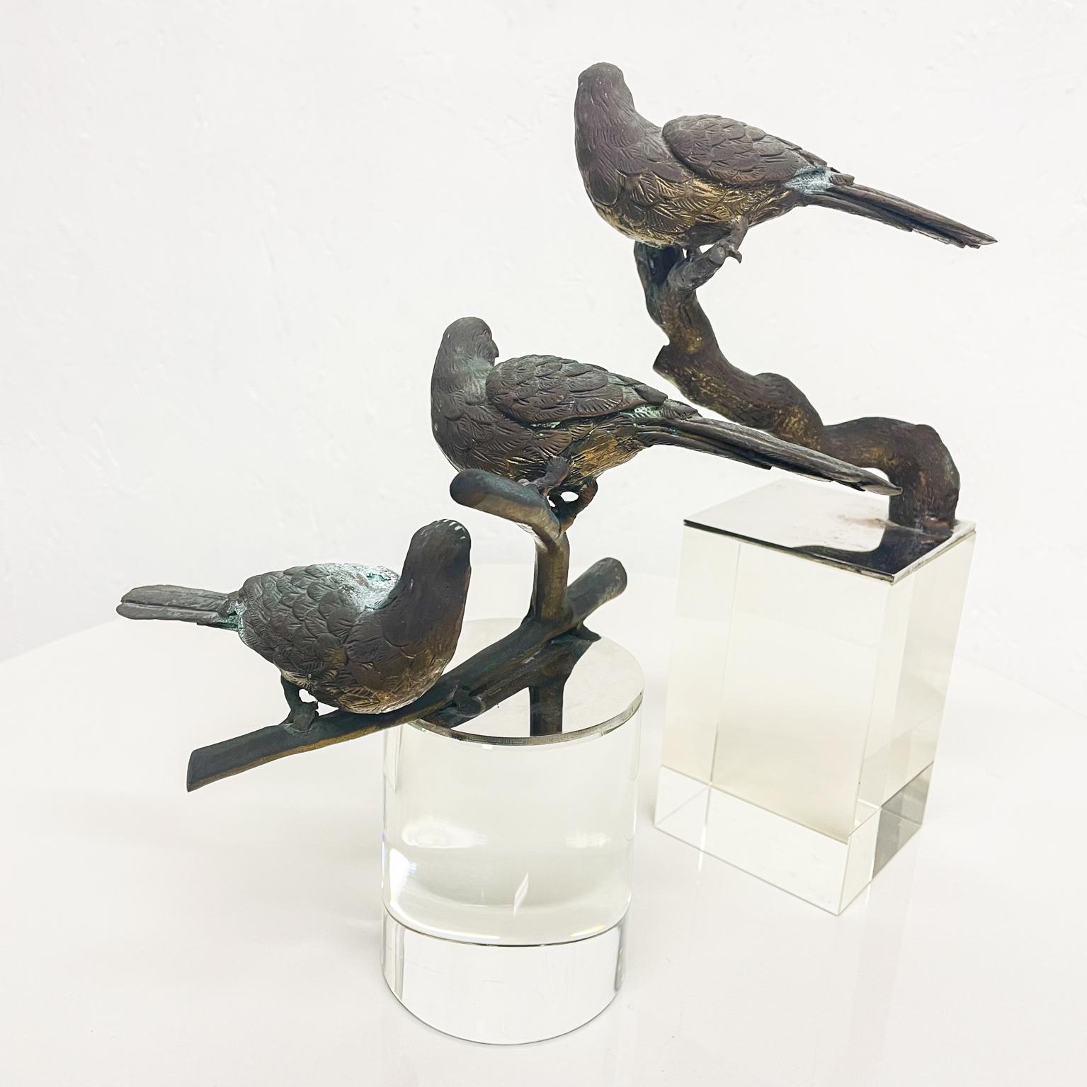 Mid-20th Century Lovely Bronze Sculpture Three Perched Birds Modern Crystal Block Pedestal 1960s