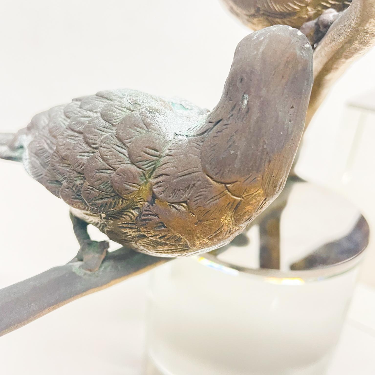 Lovely Bronze Sculpture Three Perched Birds Modern Crystal Block Pedestal 1960s 1