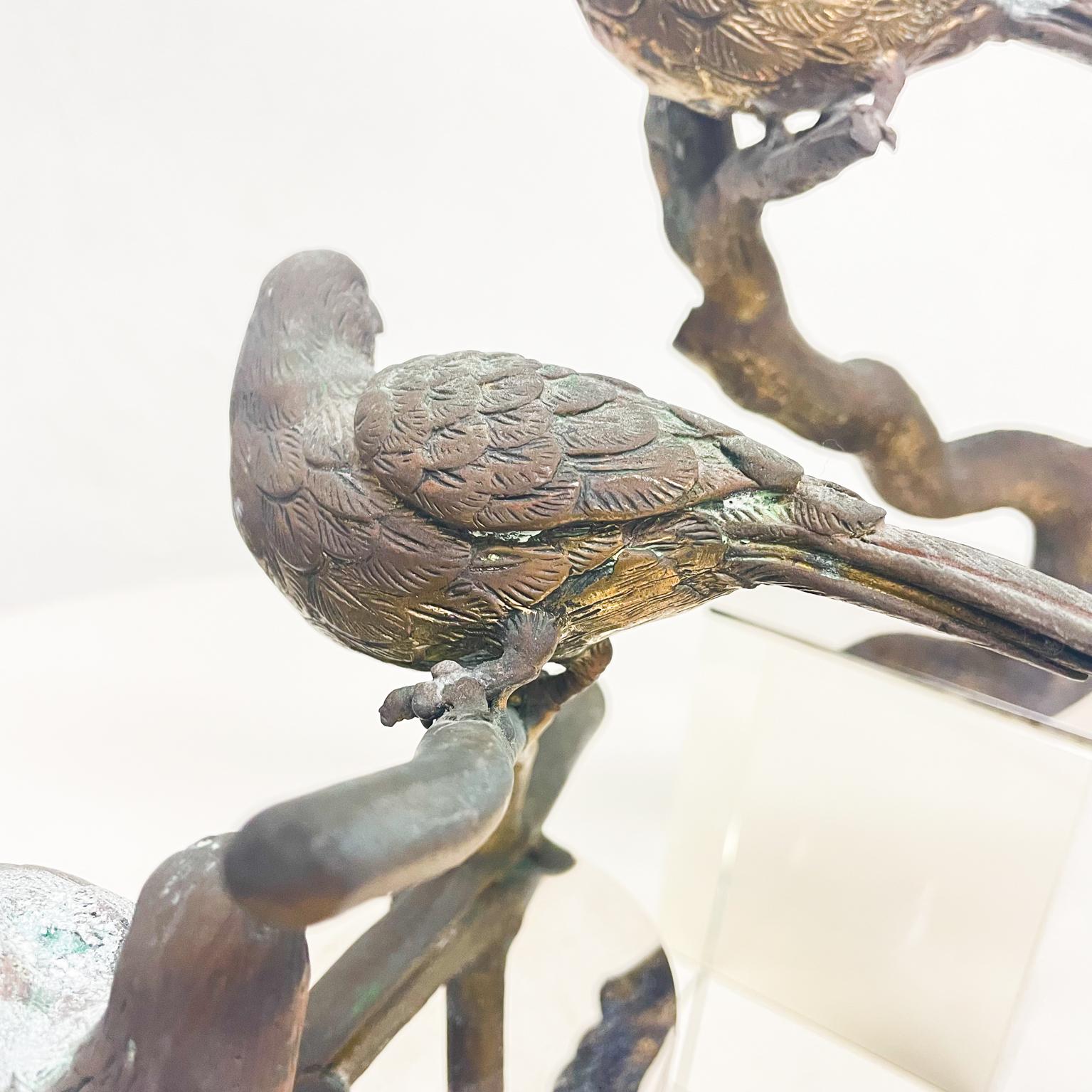 Lovely Bronze Sculpture Three Perched Birds Modern Crystal Block Pedestal 1960s 2