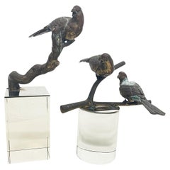 Lovely Bronze Sculpture Three Perched Birds Modern Crystal Block Pedestal 1960s