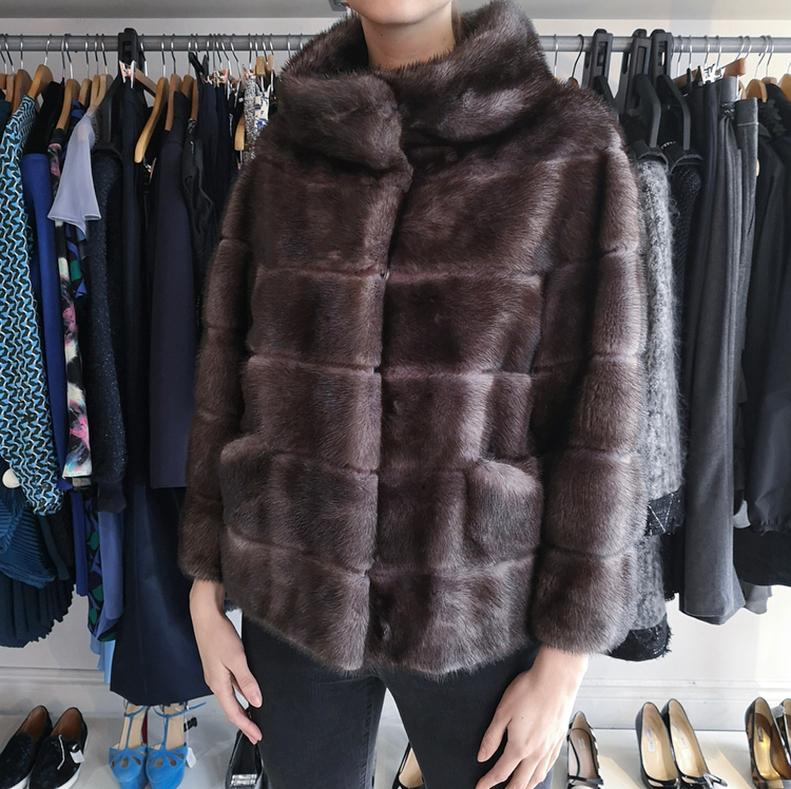 Lysa Lash Blue Iris Mink Fur Short Coat.  Original retail approximately $7500 CAD. Cropped mink fur coat with high collar, horizontal panels, bracelet length sleeves, and side pockets.  Cool-toned brown color called “blue iris.”  Marked size FR38