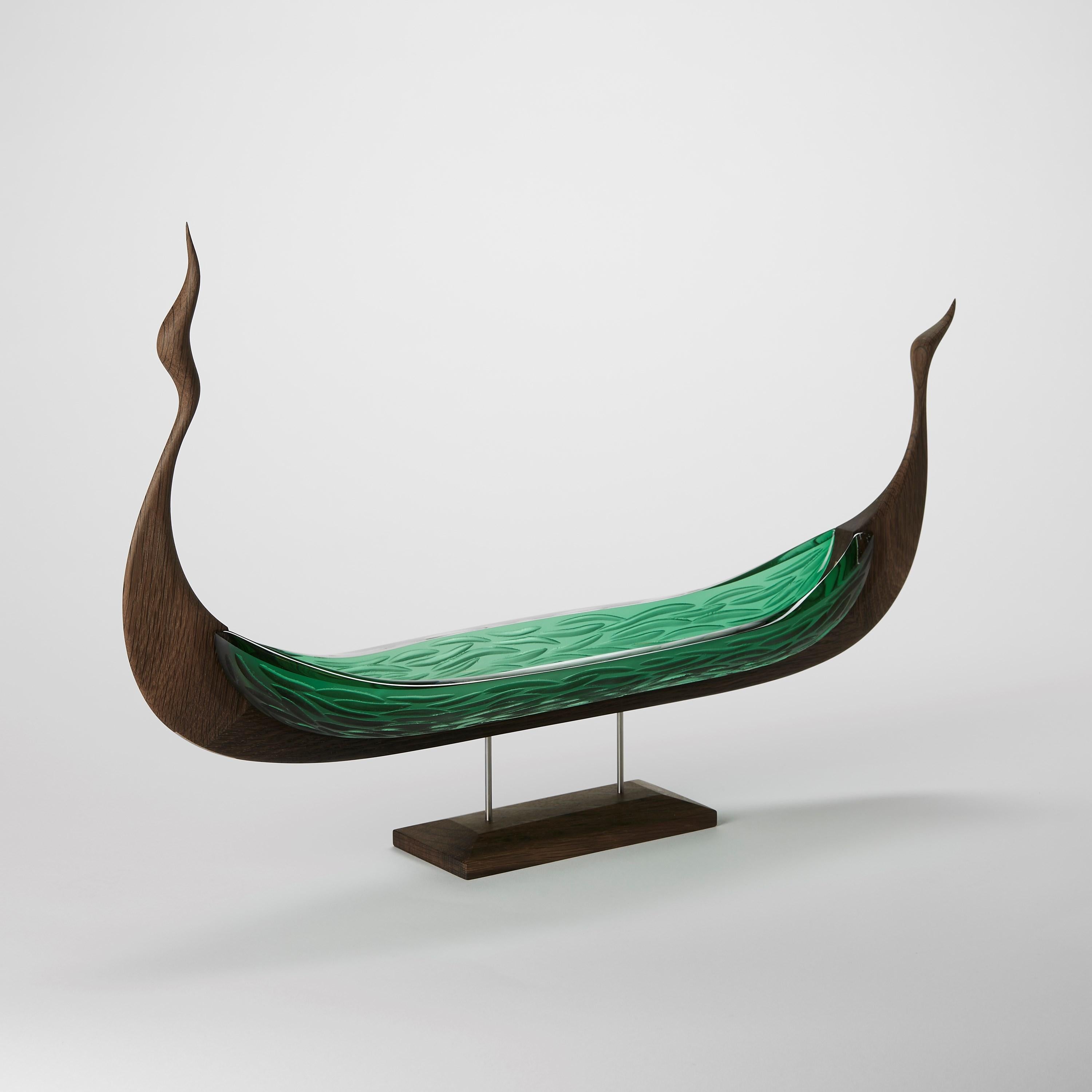 Organic Modern Lyset, textured green glass & oak viking ship by Backhaus & Brown and Egeværk For Sale