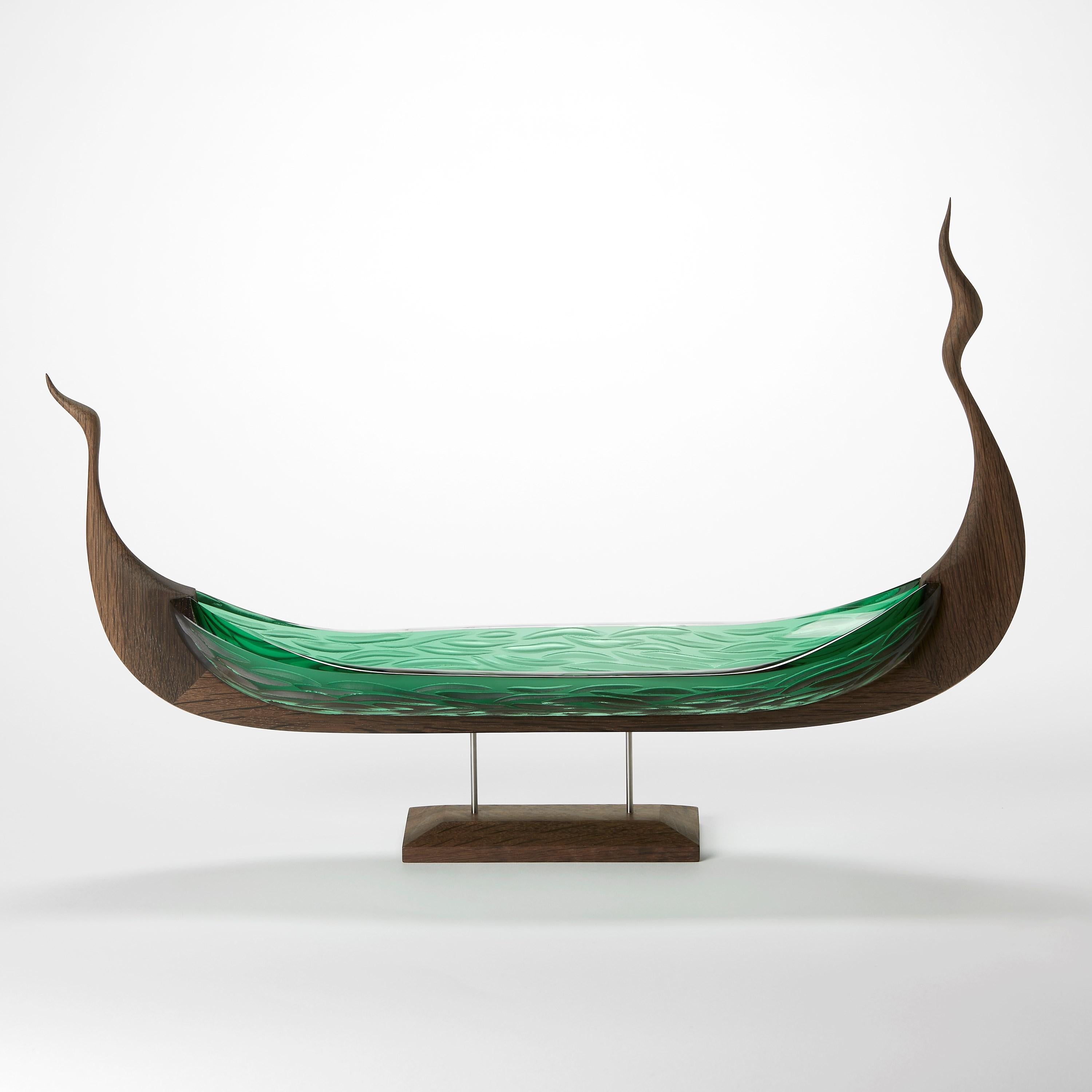 Danish Lyset, textured green glass & oak viking ship by Backhaus & Brown and Egeværk For Sale