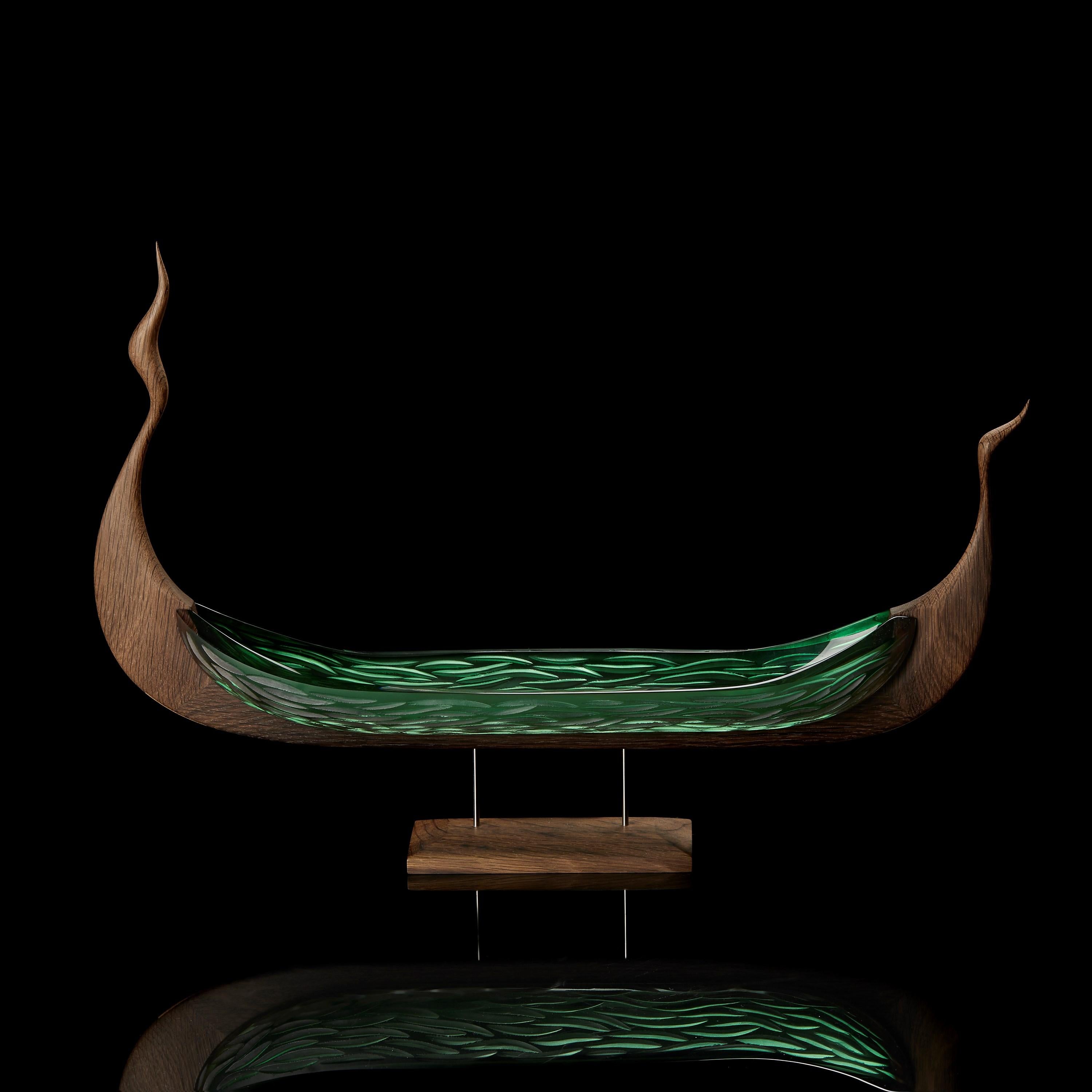 Carved Lyset, textured green glass & oak viking ship by Backhaus & Brown and Egeværk For Sale