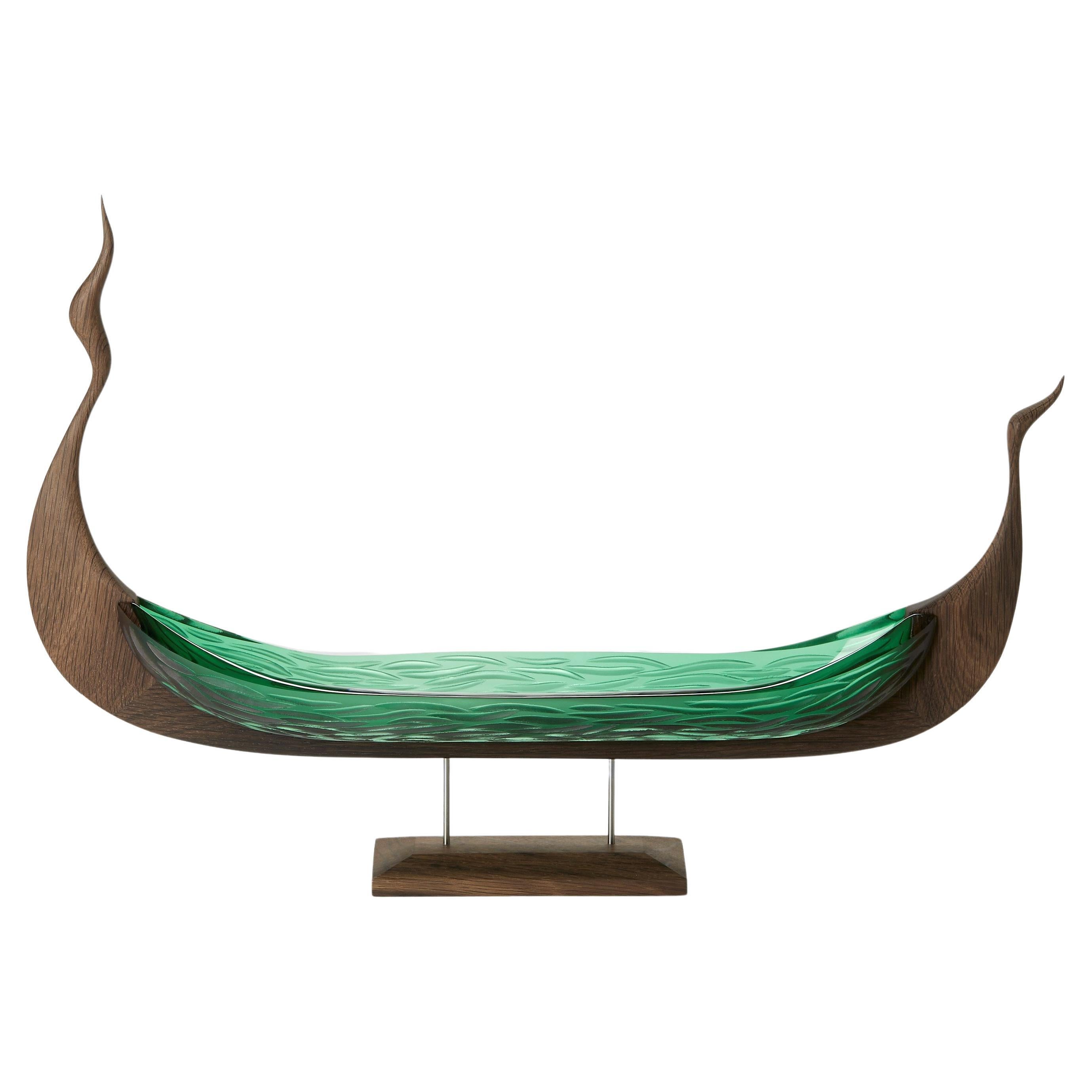 Lyset, textured green glass & oak viking ship by Backhaus & Brown and Egeværk