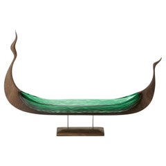 Lyset, textured green glass & oak viking ship by Backhaus & Brown and Egeværk