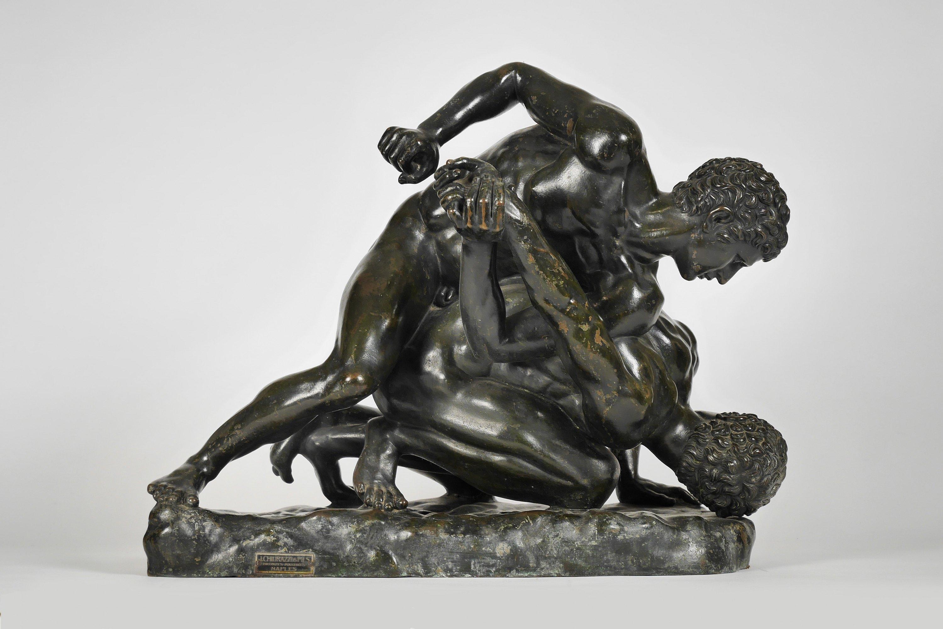 19th Century Grand Tour Bronze of the Uffizi Wrestlers - Sculpture by Lysippos