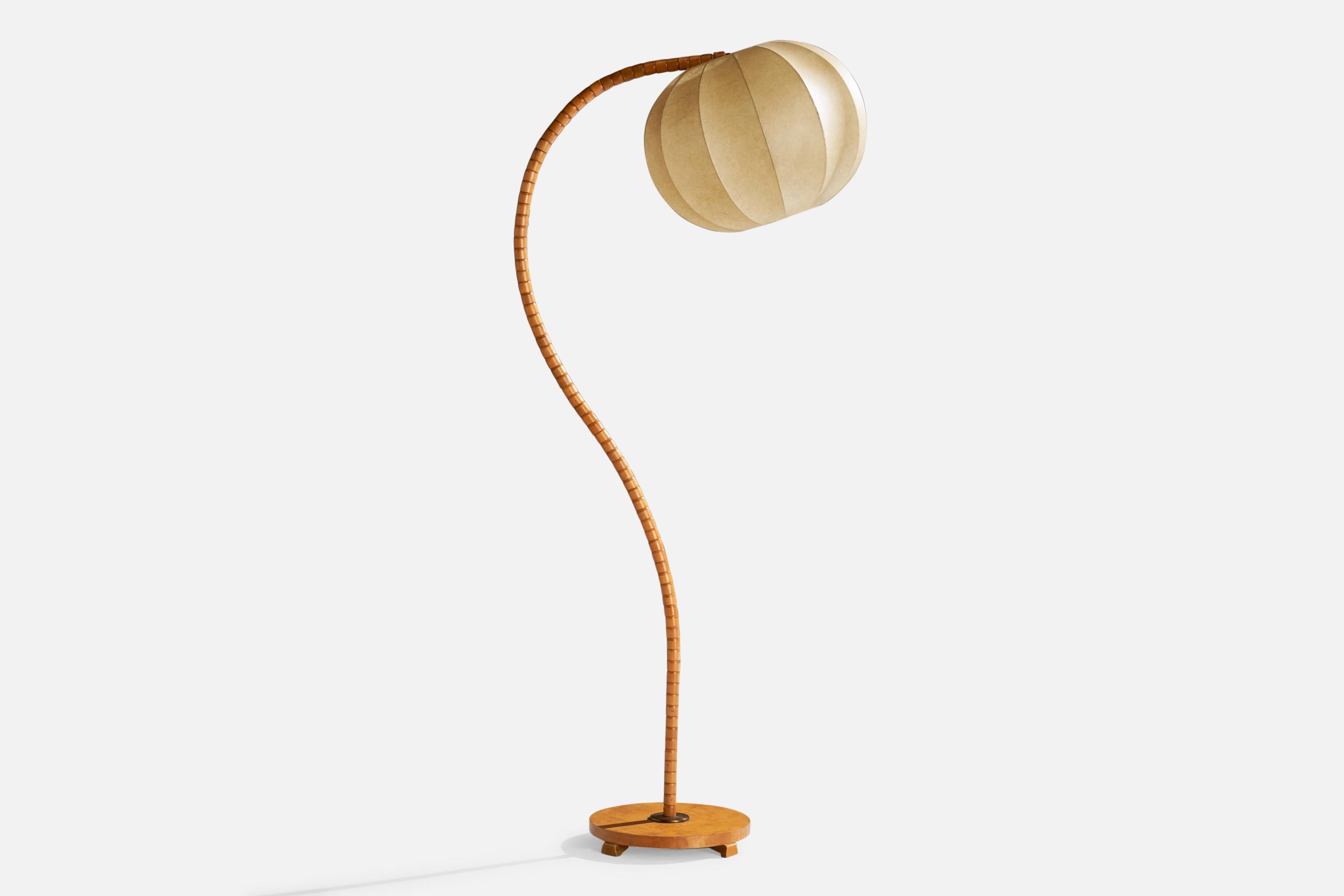 An adjustable oak, brass and resin floor lamp produced by A/S Lyssstoffarmatur, Norway, c. 1930s.

Dimensions of Lamp with Shade (inches): 63.75 “ H x 17” W x 27” D

Bulb Specifications: E-26 Bulb

Number of Sockets (per fixture): 1

Sold with