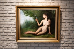 Ninfa della foresta - Pittura ad olio figurativa di nudo Colori Marrone Grigio Blu Pallido Verde