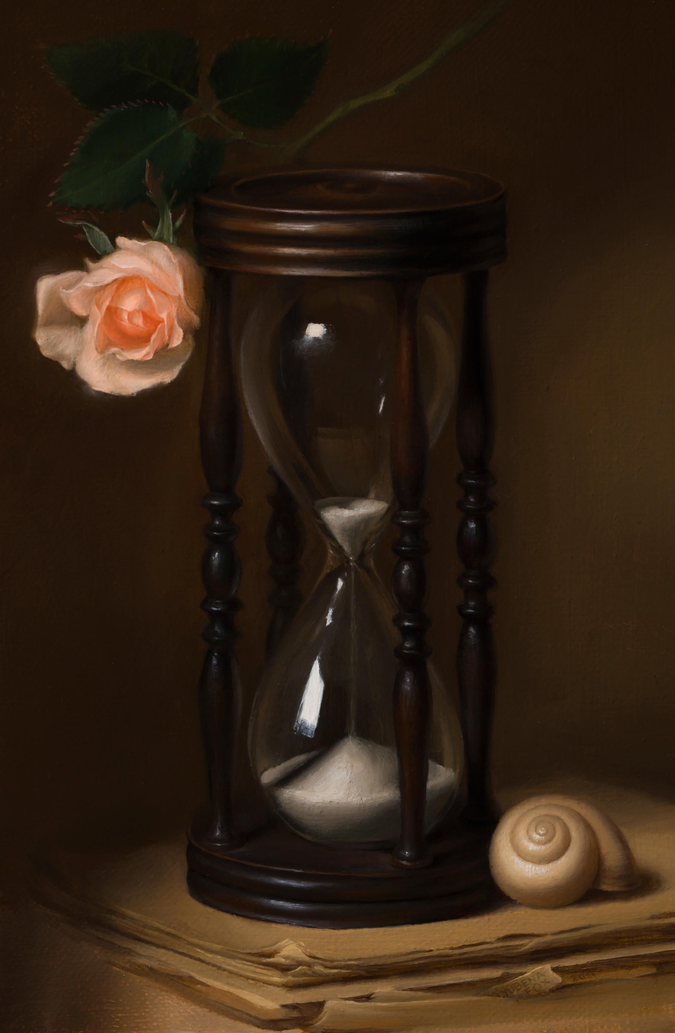 Memento Mori - Nature morte à l'huile Couleurs Noir Marron Beige Gris Blanc Rose en vente 1