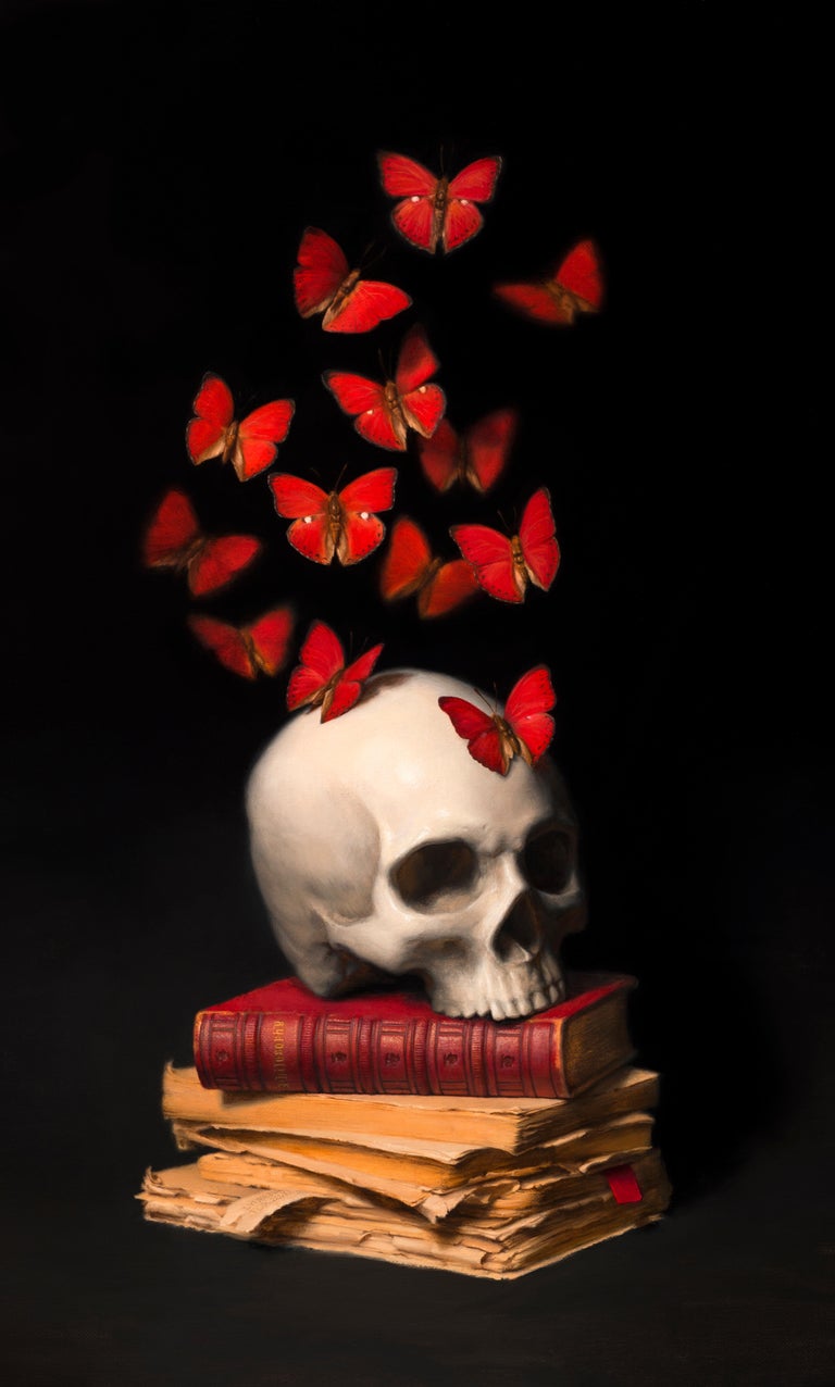 Lyubena Fox - Calavera y Mariposas - Pintura al Óleo Colores Rojo Negro  Marrón Beige Gris Blanco en venta en 1stDibs España, image size:768x1276