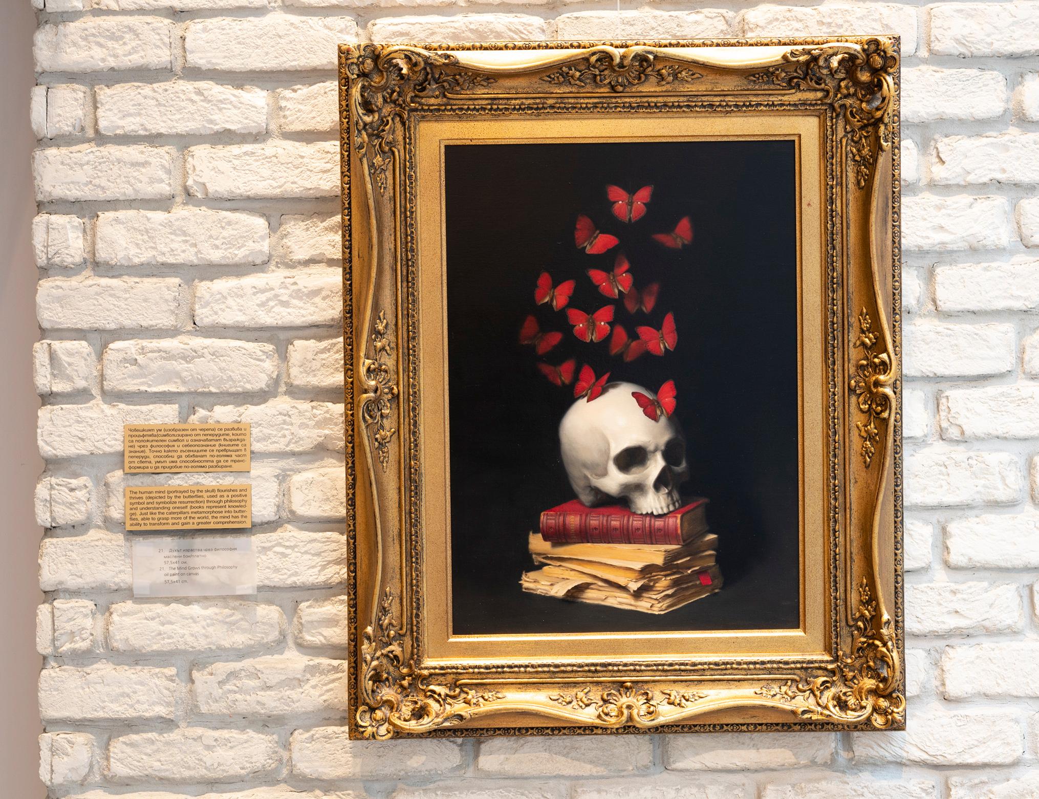 Skull and Butterflies - Oil Painting Colors Red Black Brown Beige Grey White For Sale 2