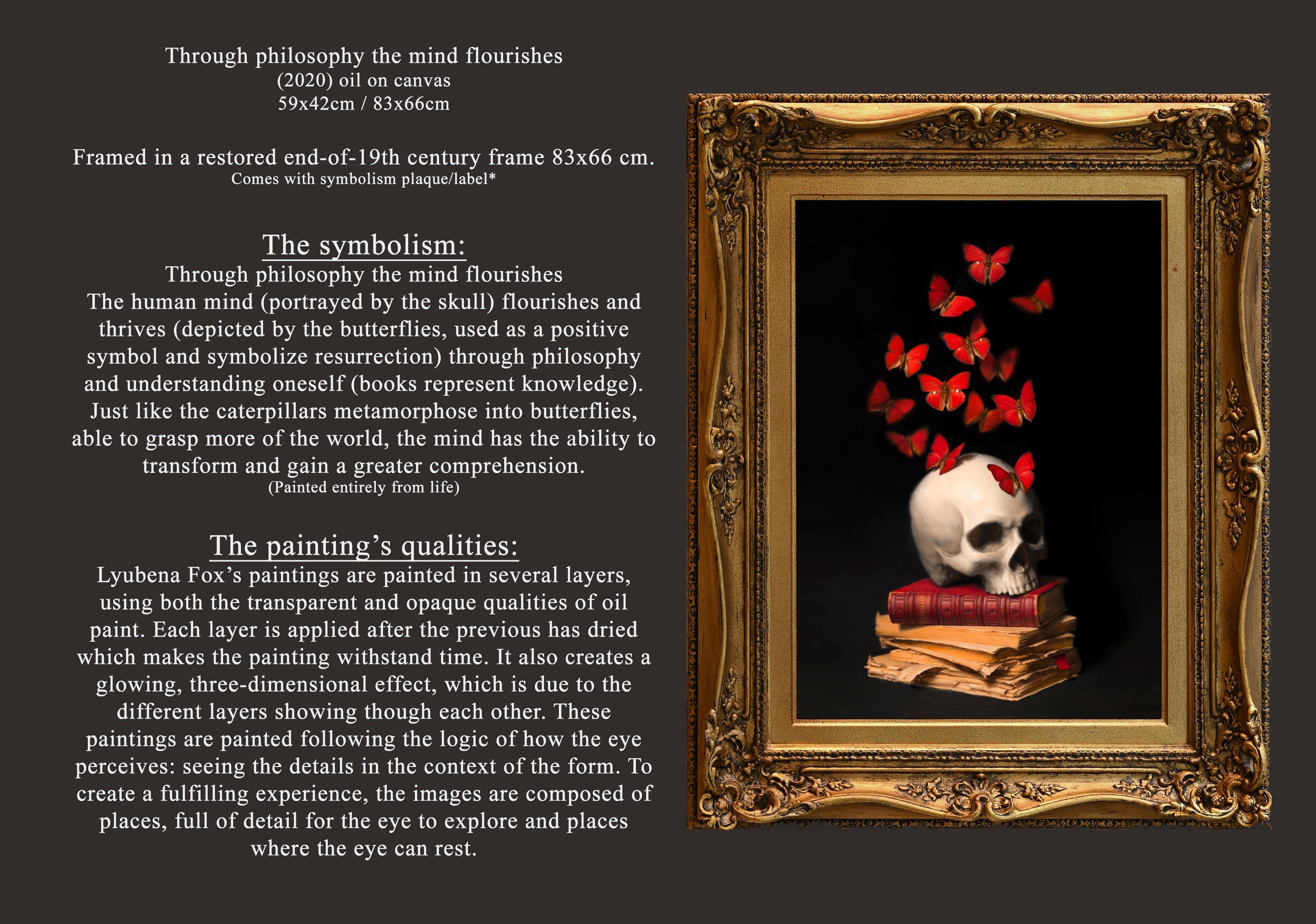 Skull and Butterflies - Oil Painting Colors Red Black Brown Beige Grey White For Sale 3