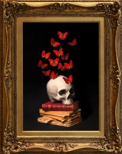 Skull and Butterflies - Oil Painting Colors Red Black Brown Beige Grey White