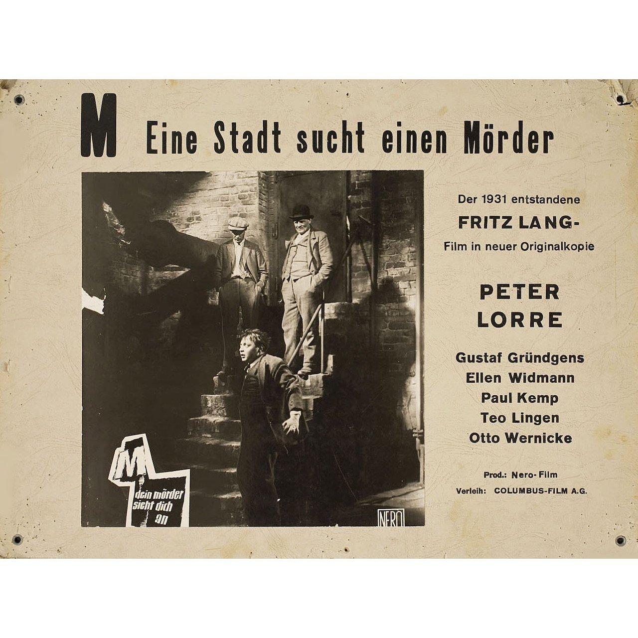 Original 1950s Swiss scene card for the 1931 film M directed by Fritz Lang with Peter Lorre / Ellen Widmann / Inge Landgut / Otto Wernicke. Very Good condition. Please note: the size is stated in inches and the actual size can vary by an inch or