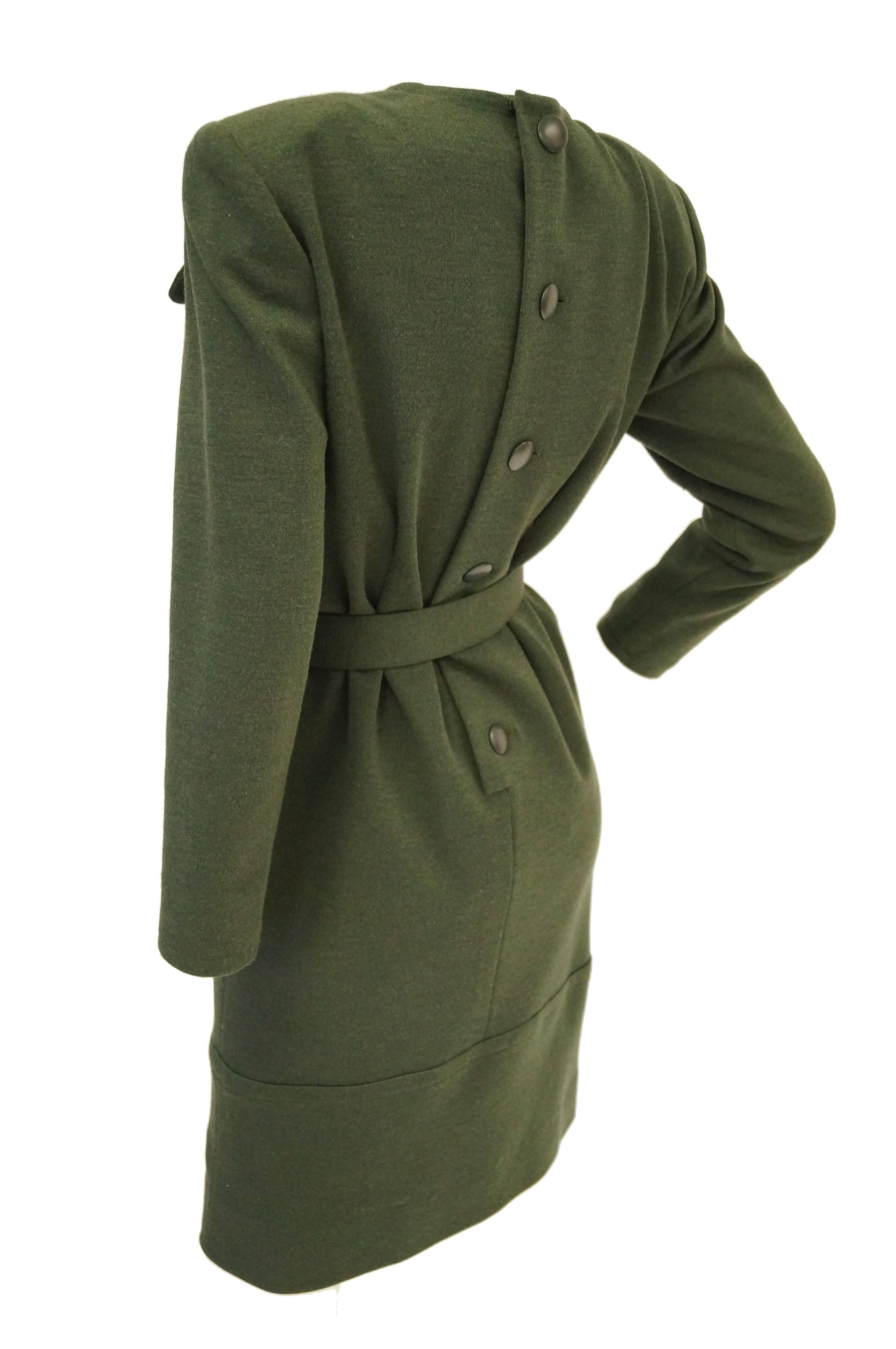Black  1980s Givenchy Couture Olive Green Wool Button Back Dress For Sale