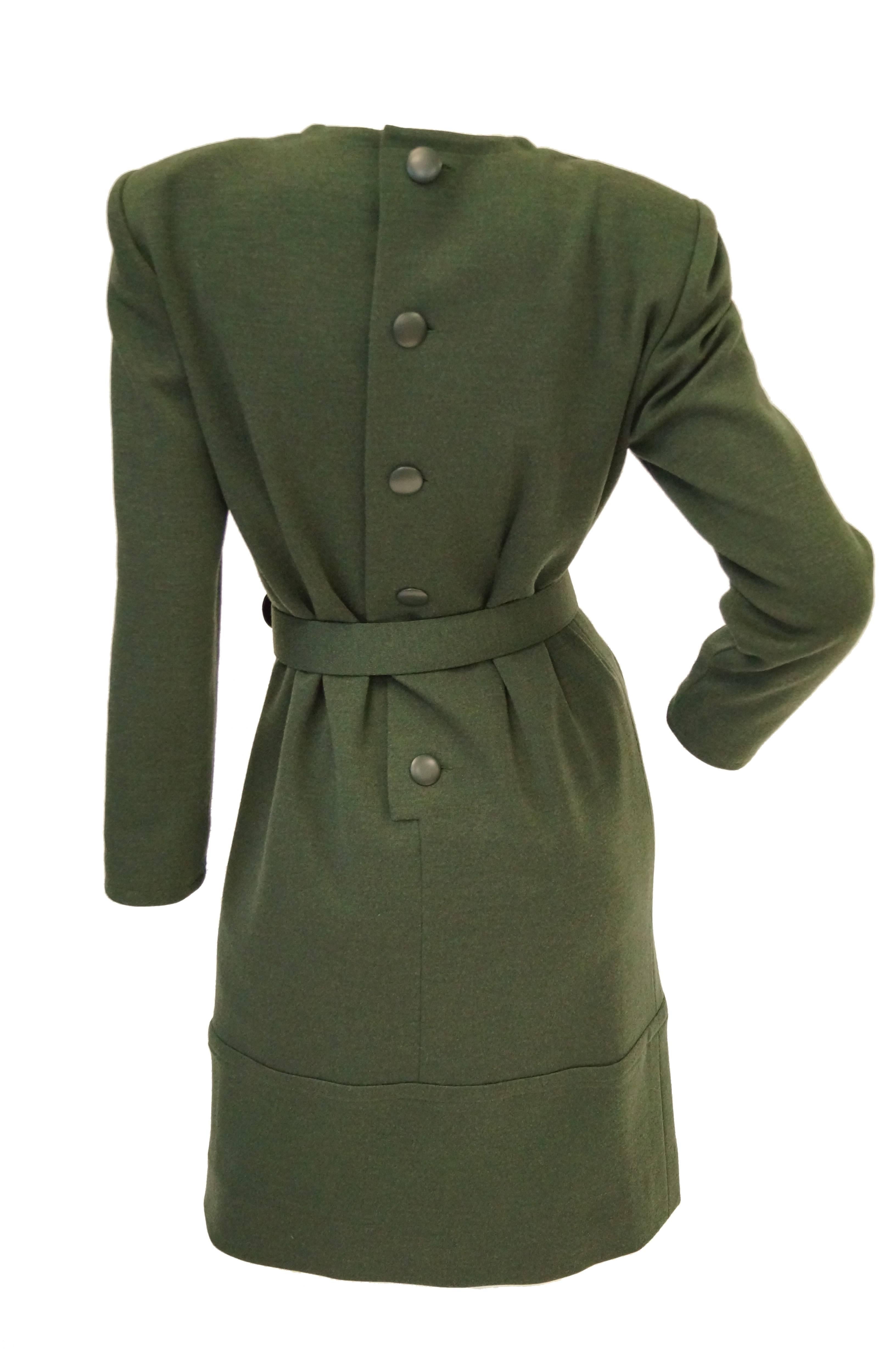  1980s Givenchy Couture Olive Green Wool Button Back Dress In Excellent Condition For Sale In Houston, TX