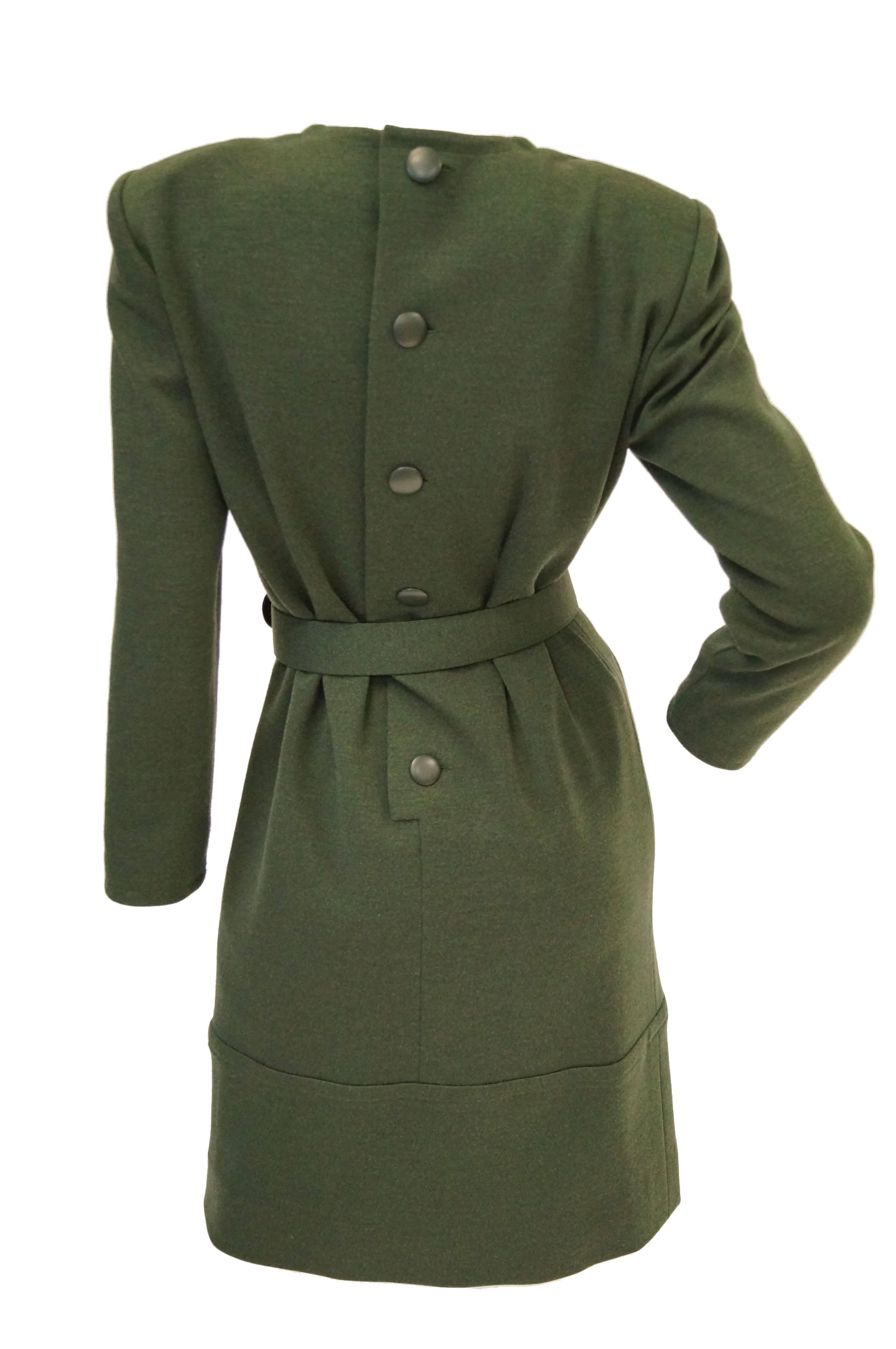 1980s Givenchy Couture Olive Green Wool Button Back Dress In Excellent Condition For Sale In Houston, TX