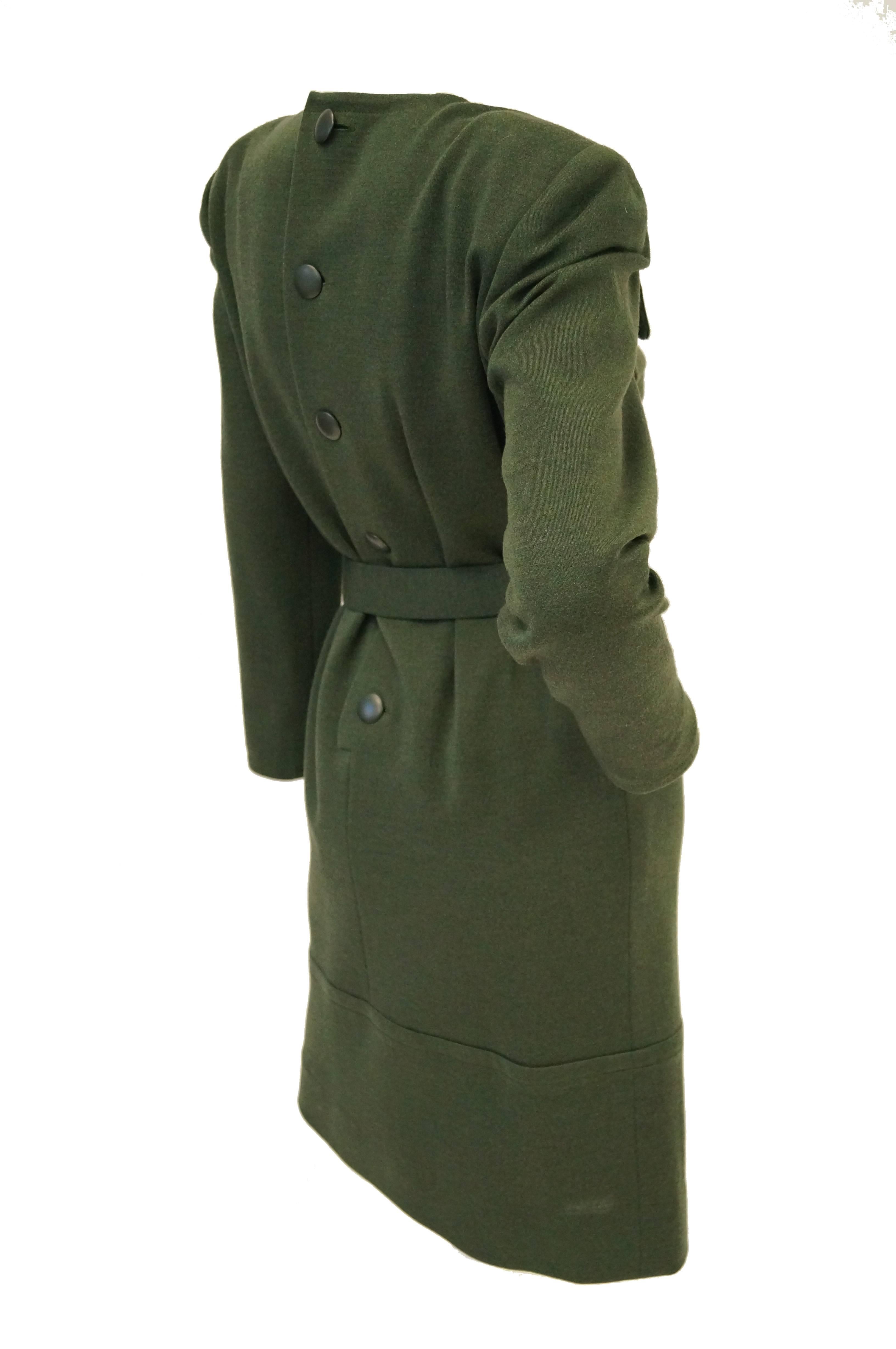 Women's  1980s Givenchy Couture Olive Green Wool Button Back Dress For Sale