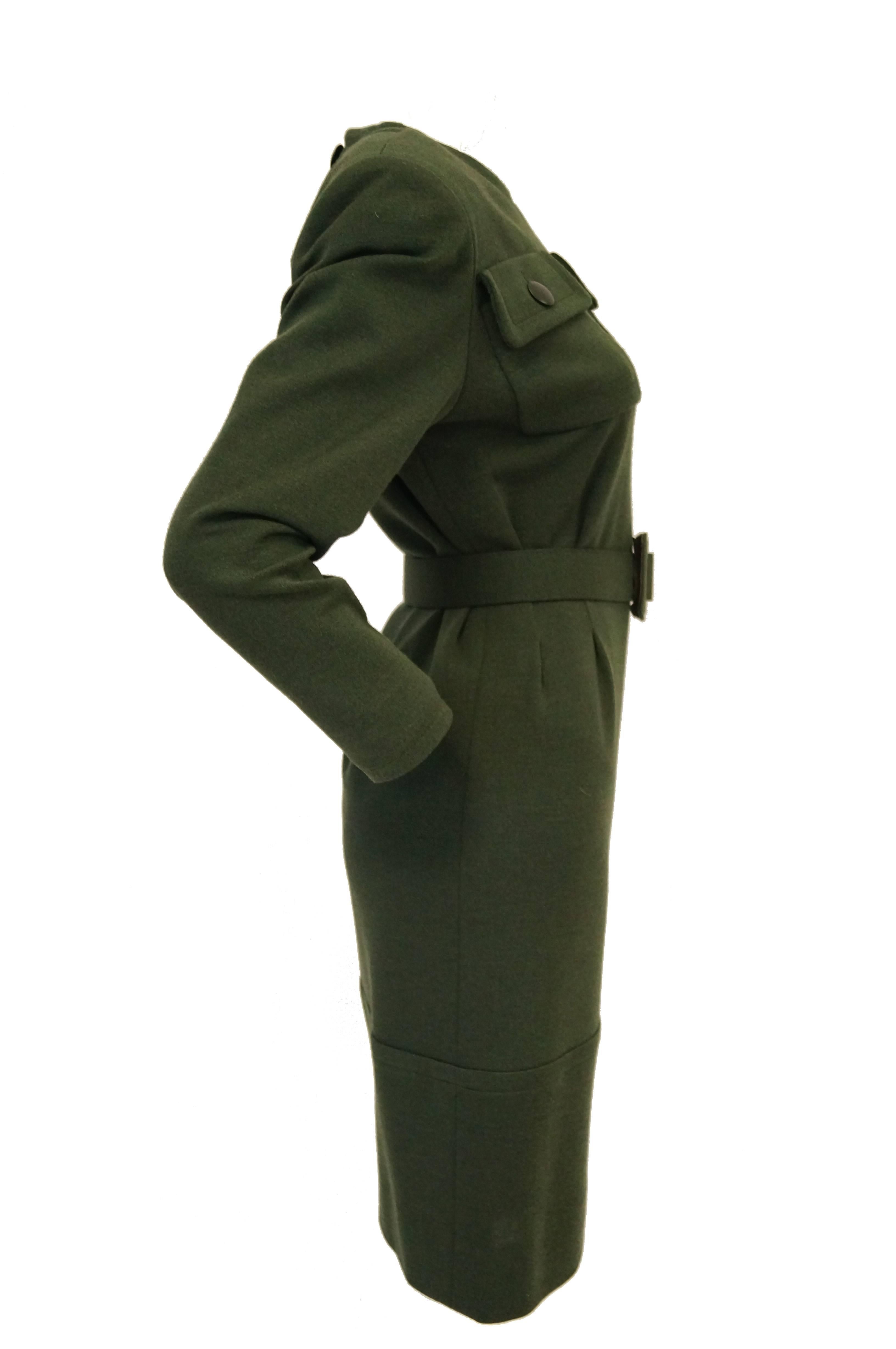 1980s Givenchy Couture Olive Green Wool Button Back Dress For Sale 1