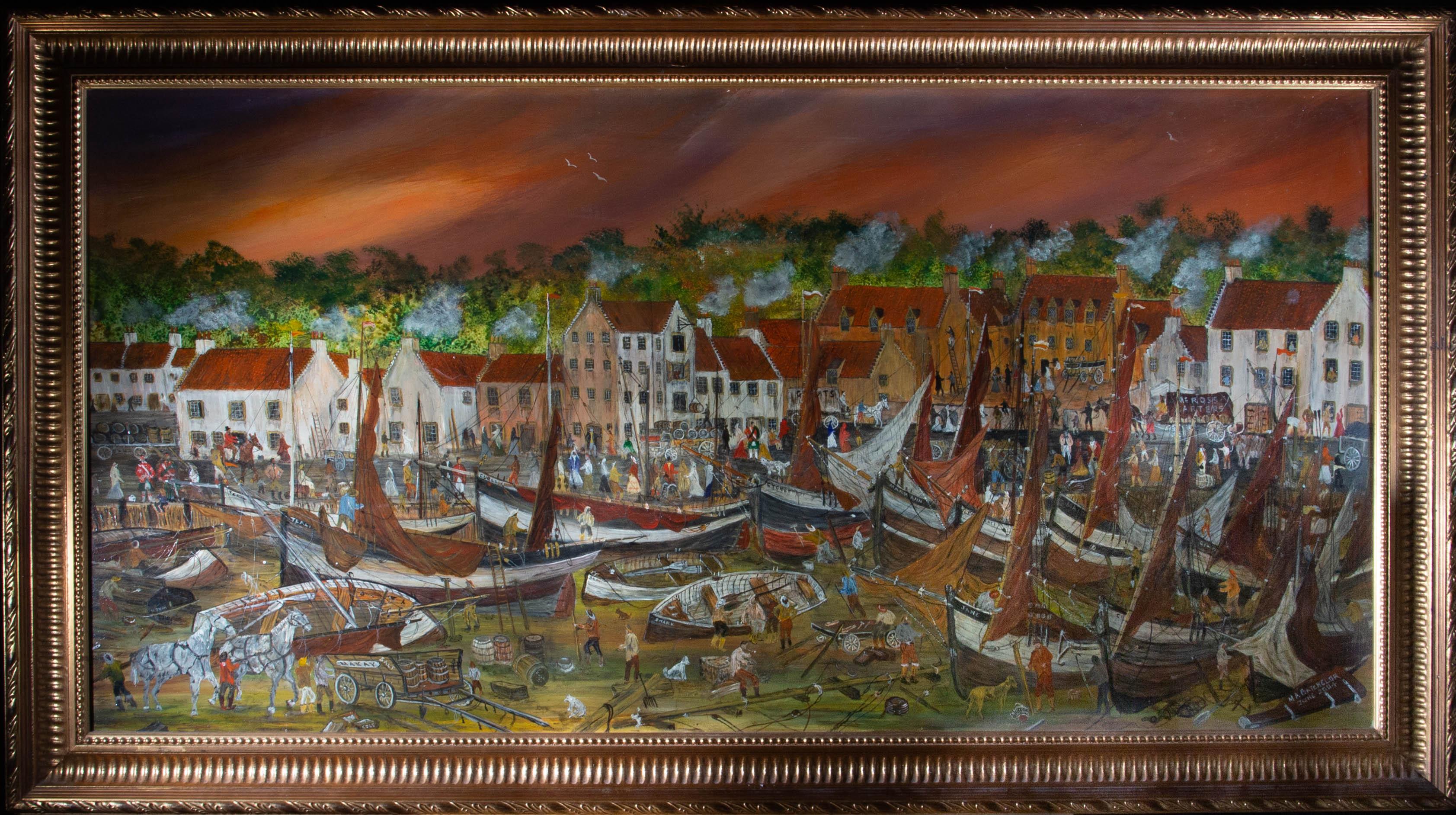 A dramatic and busy harbour scene with a multitude of boats on the sand at low tide with crowds of fishermen tending to the boats, loading them up, smoking their pipes as crowds of people busy themselves in the town under a dramatic deep orange