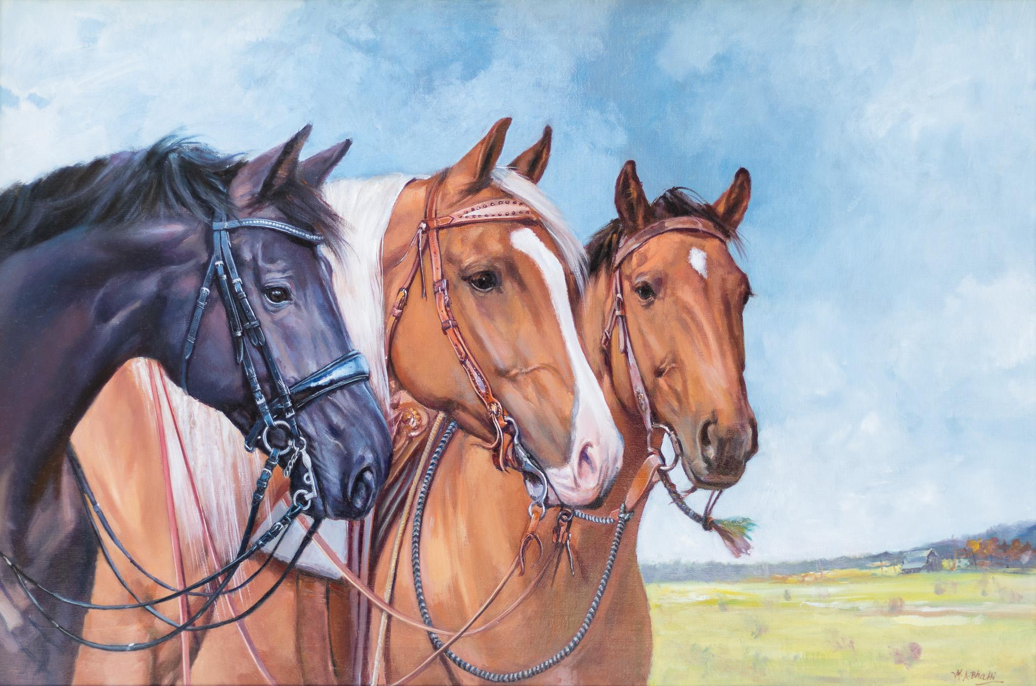 M. A. Bhatti Animal Painting - M.A. Bhatti "Gang of Three", Oil on Canvas