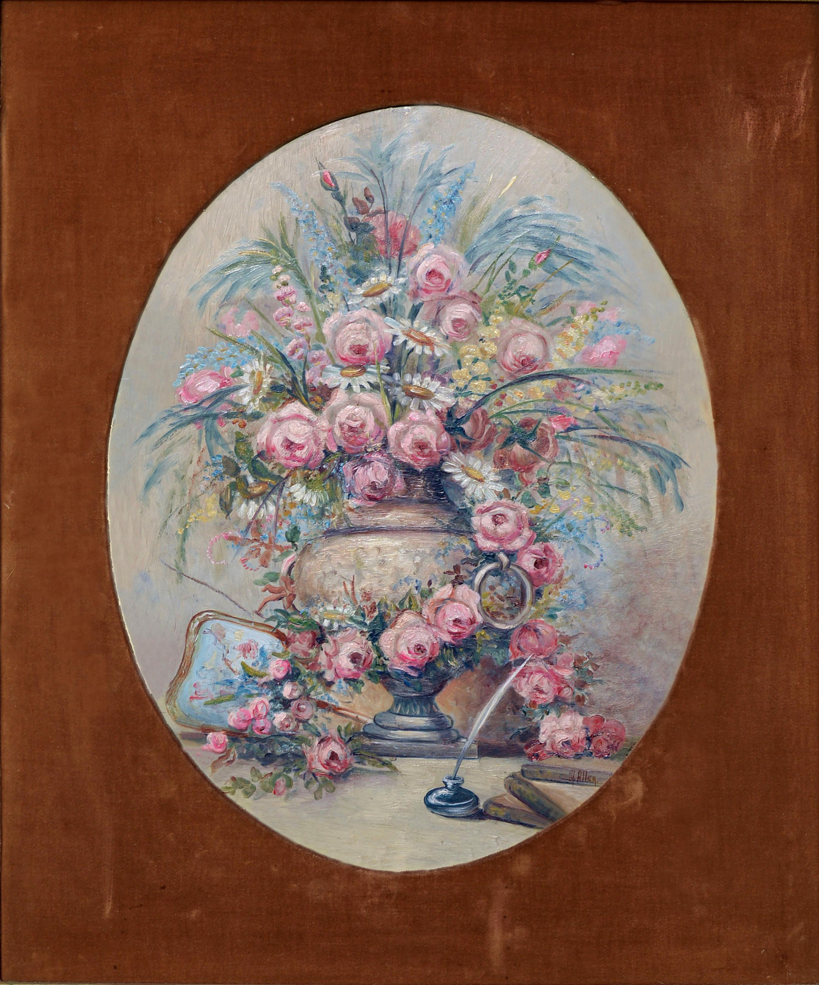 Rosa Blumenstrauß aus der Mitte des Jahrhunderts - ovales florales Stillleben  – Painting von M Allen