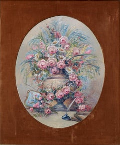 Mid Century Pink Bouquet - Oval Floral Still-Life