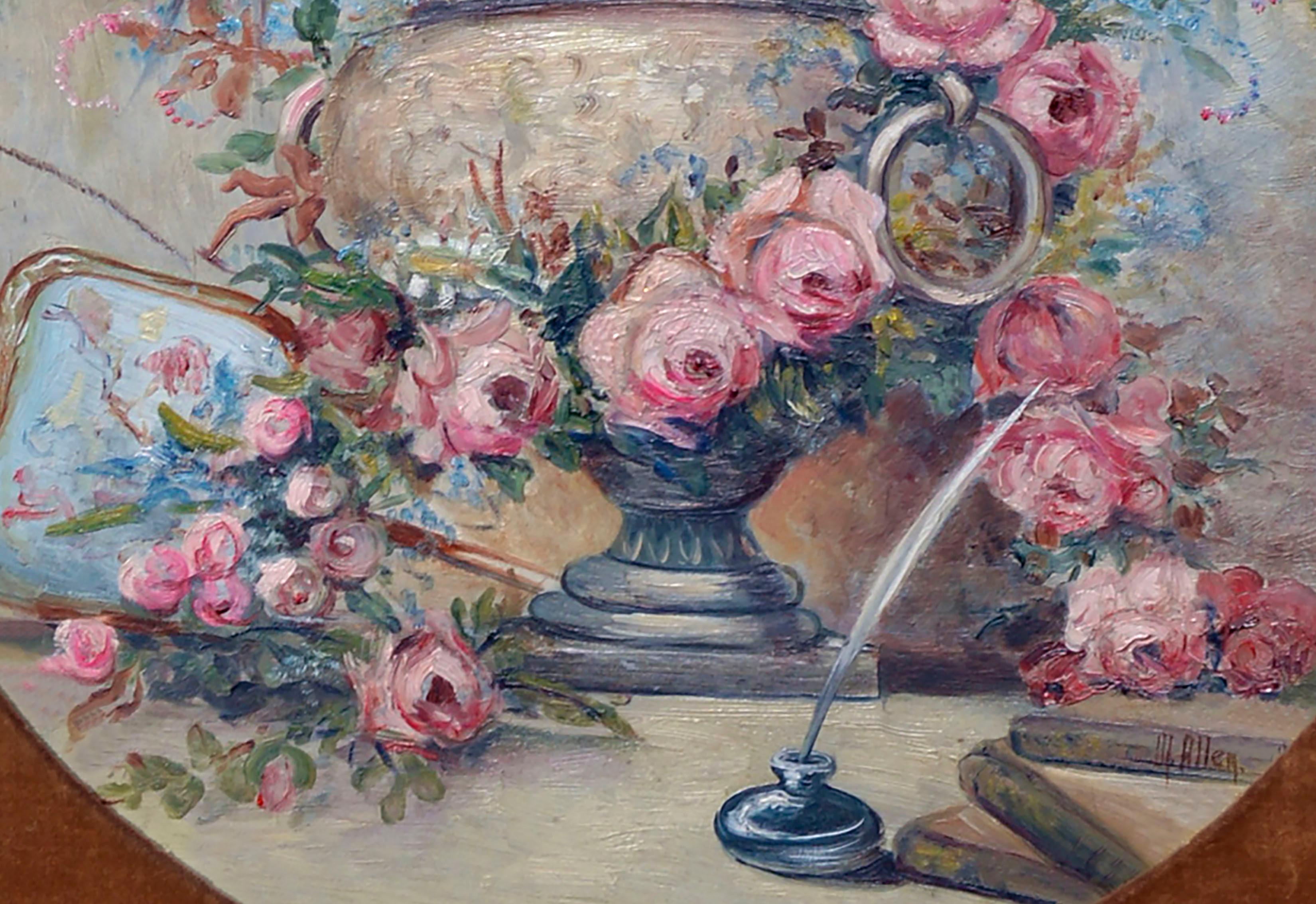 Rosa Blumenstrauß aus der Mitte des Jahrhunderts - ovales florales Stillleben  (Braun), Still-Life Painting, von M Allen
