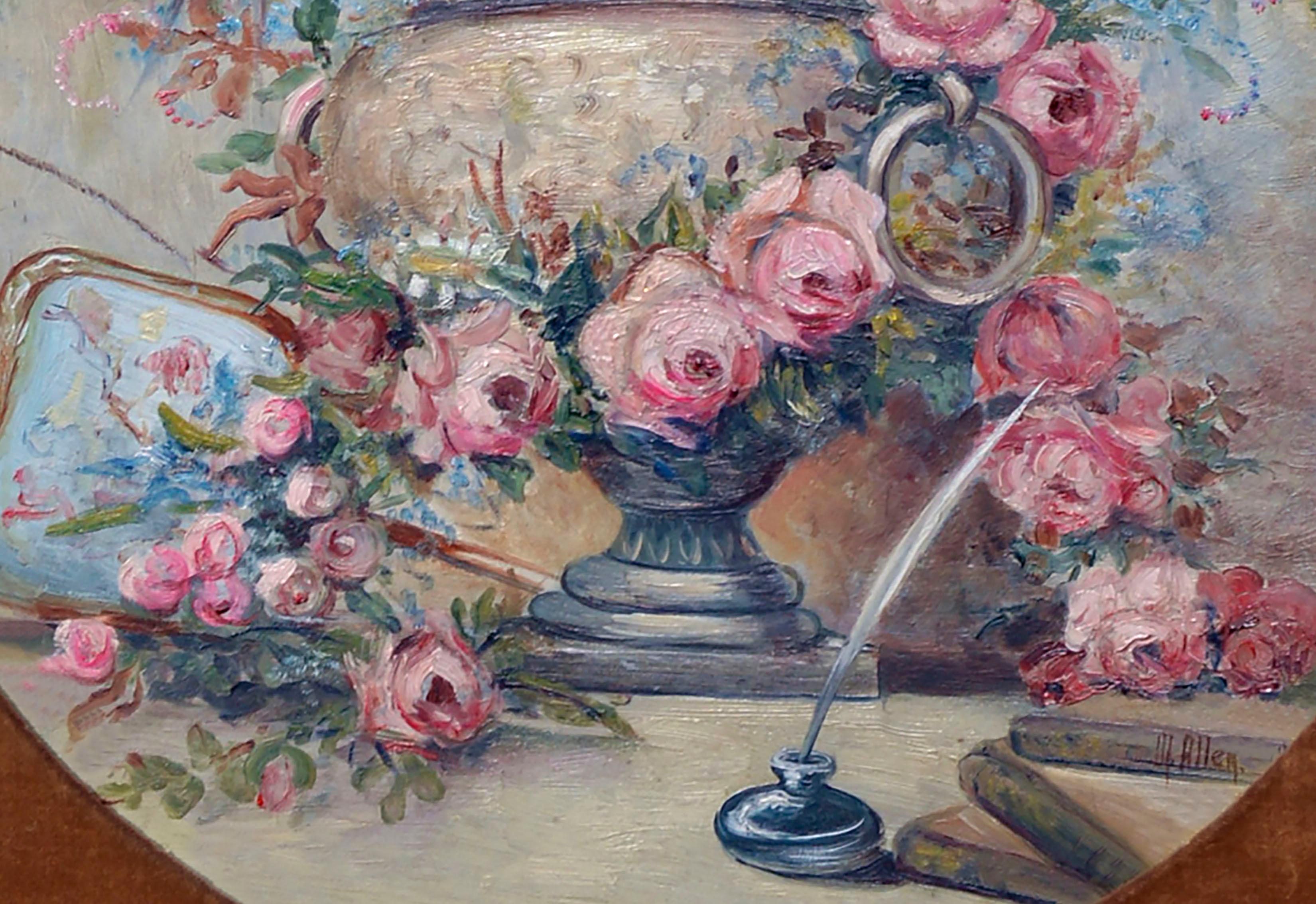 Ramo rosa de mediados de siglo - Bodegón floral ovalado - Still-Life Painting Marrón de M Allen