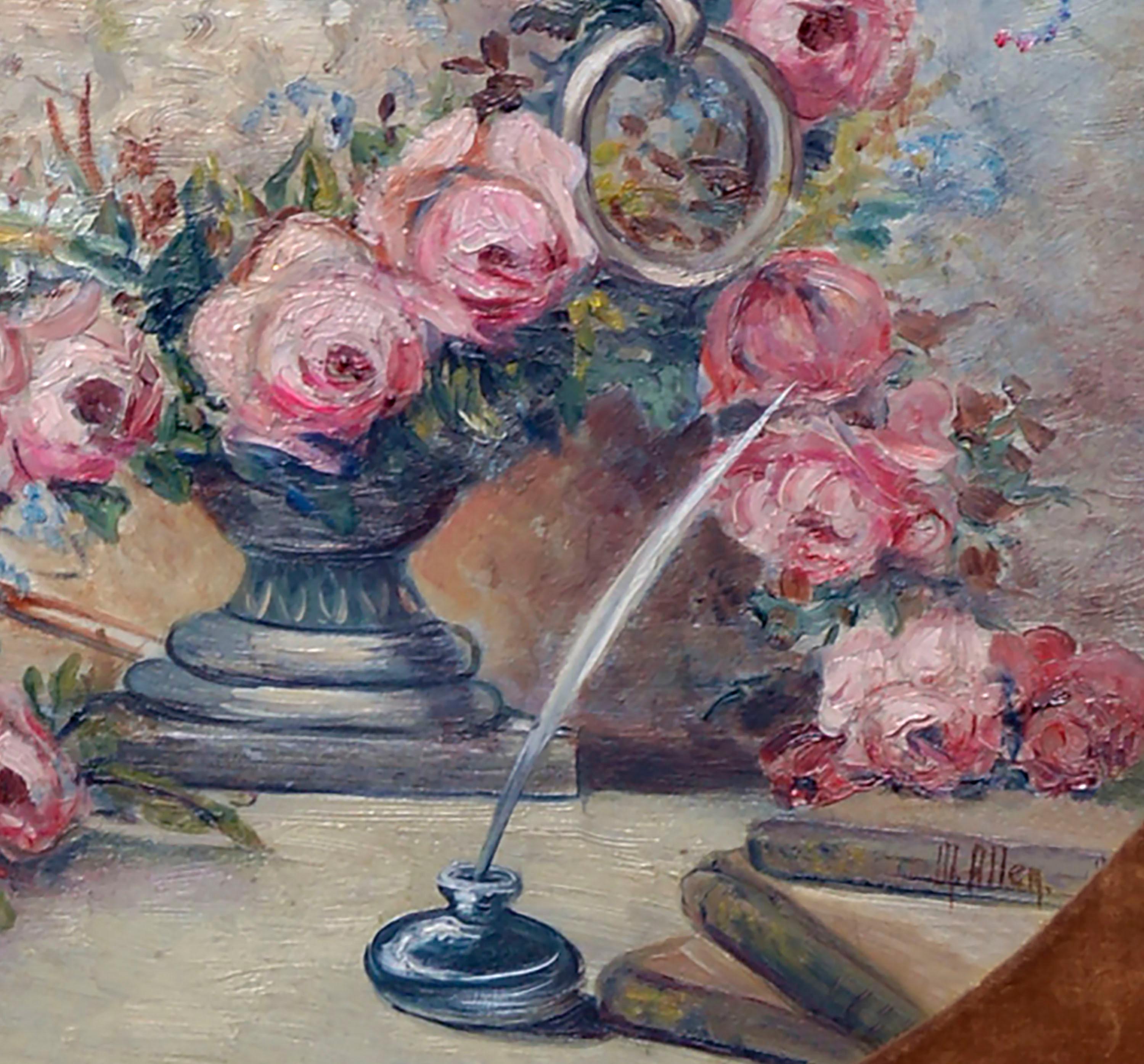 Ovales Blumenstillleben aus der Mitte des Jahrhunderts von M. Allen (Amerikaner, 20. Jahrhundert). Signiert 