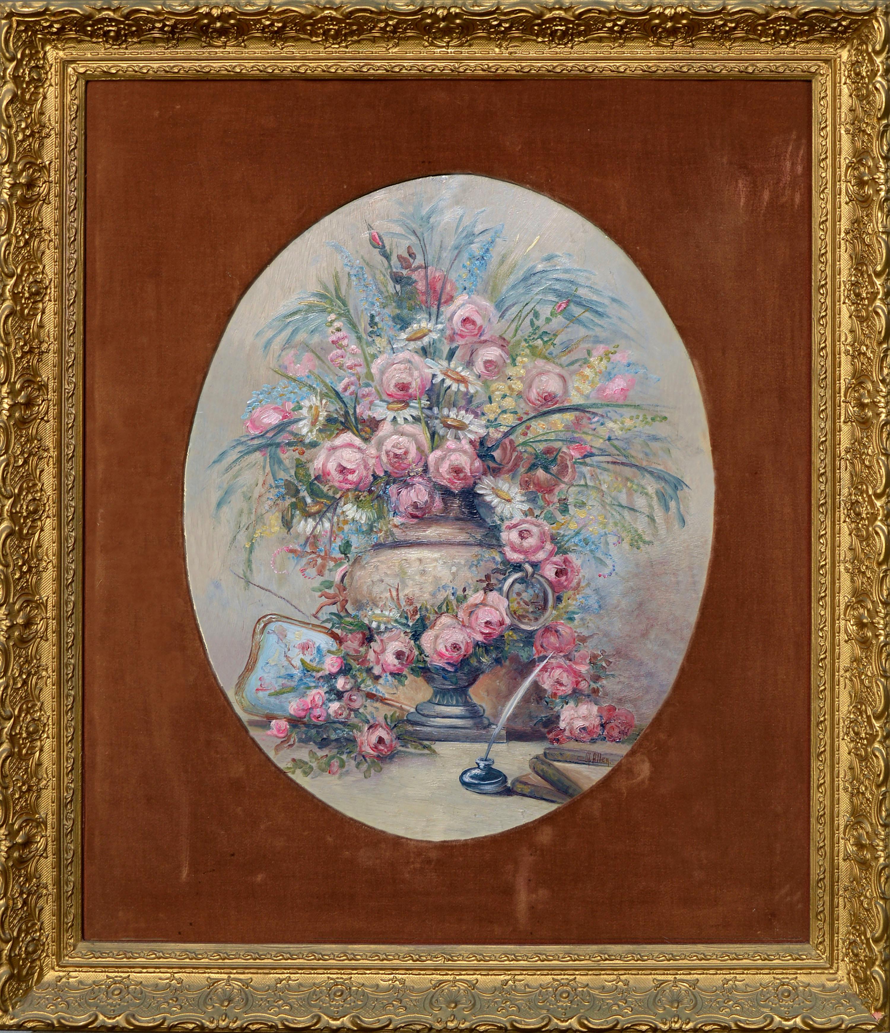 M Allen Still-Life Painting – Rosa Blumenstrauß aus der Mitte des Jahrhunderts - ovales florales Stillleben 