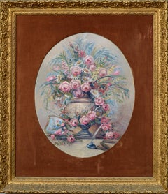 Mid Century Pink Bouquet - Oval Floral Still-Life 
