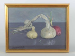 M. Arborelius. Oil on panel. Still life with onions and garlic. 1979