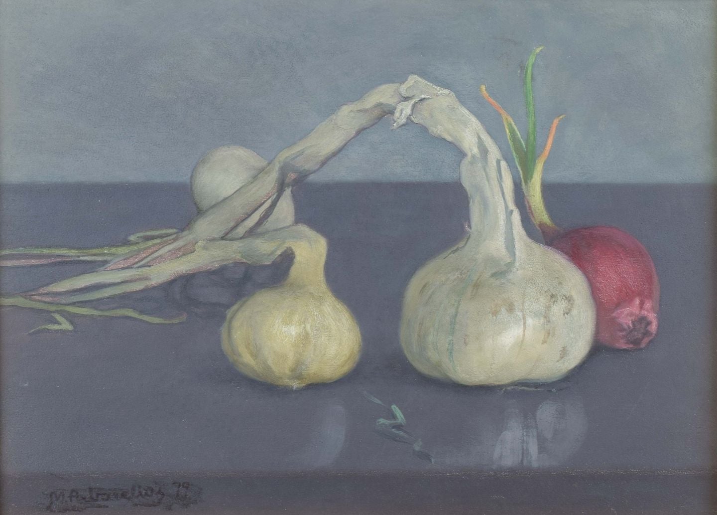 M. Arborelius. Oil on panel. Still life with onions and garlic. 1979 For Sale