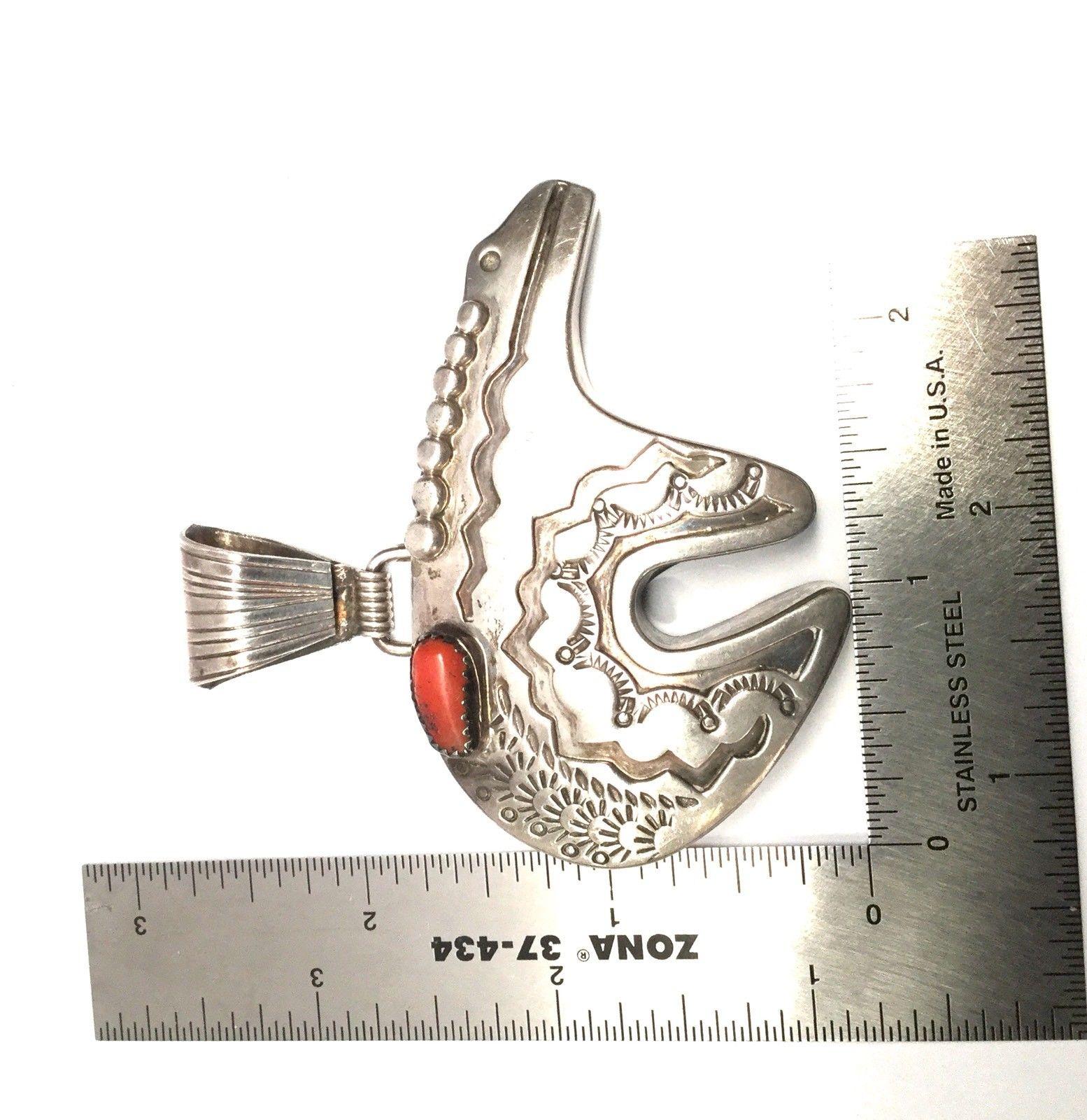 Round Cut M. Begay Native American Sterling Silver and Coral Bear Pendant