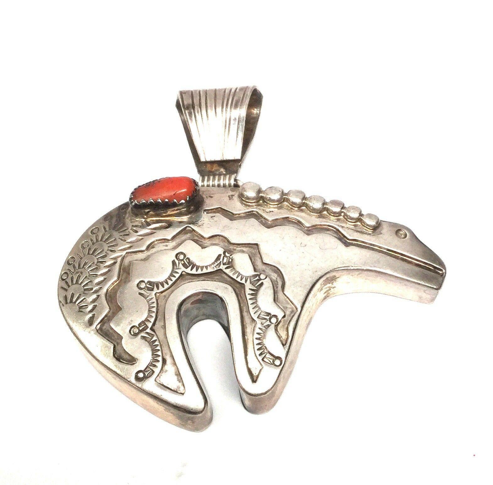 M. Begay Native American Sterling Silver and Coral Bear Pendant In Good Condition In Washington Depot, CT